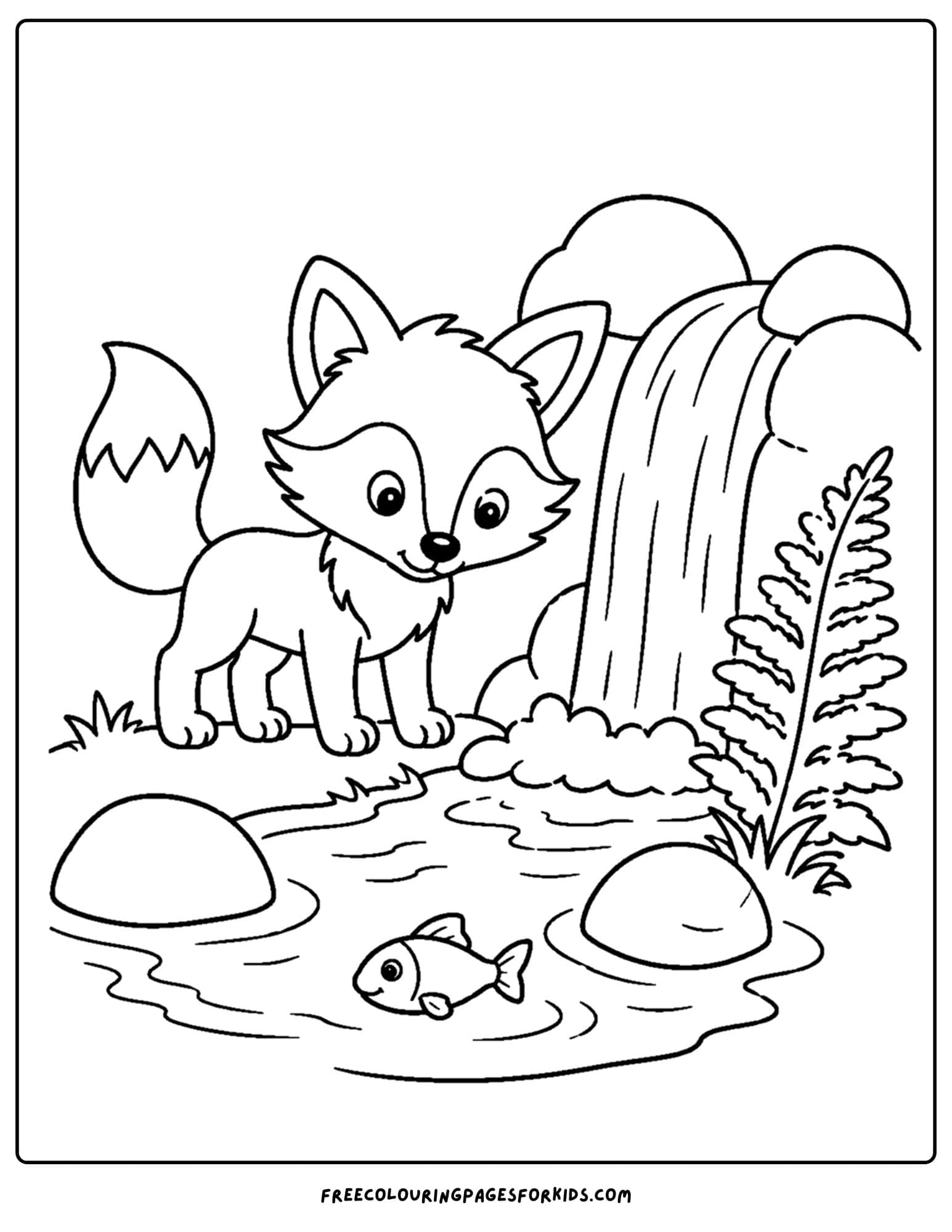 a coloring page of a fox standing next to a waterfall