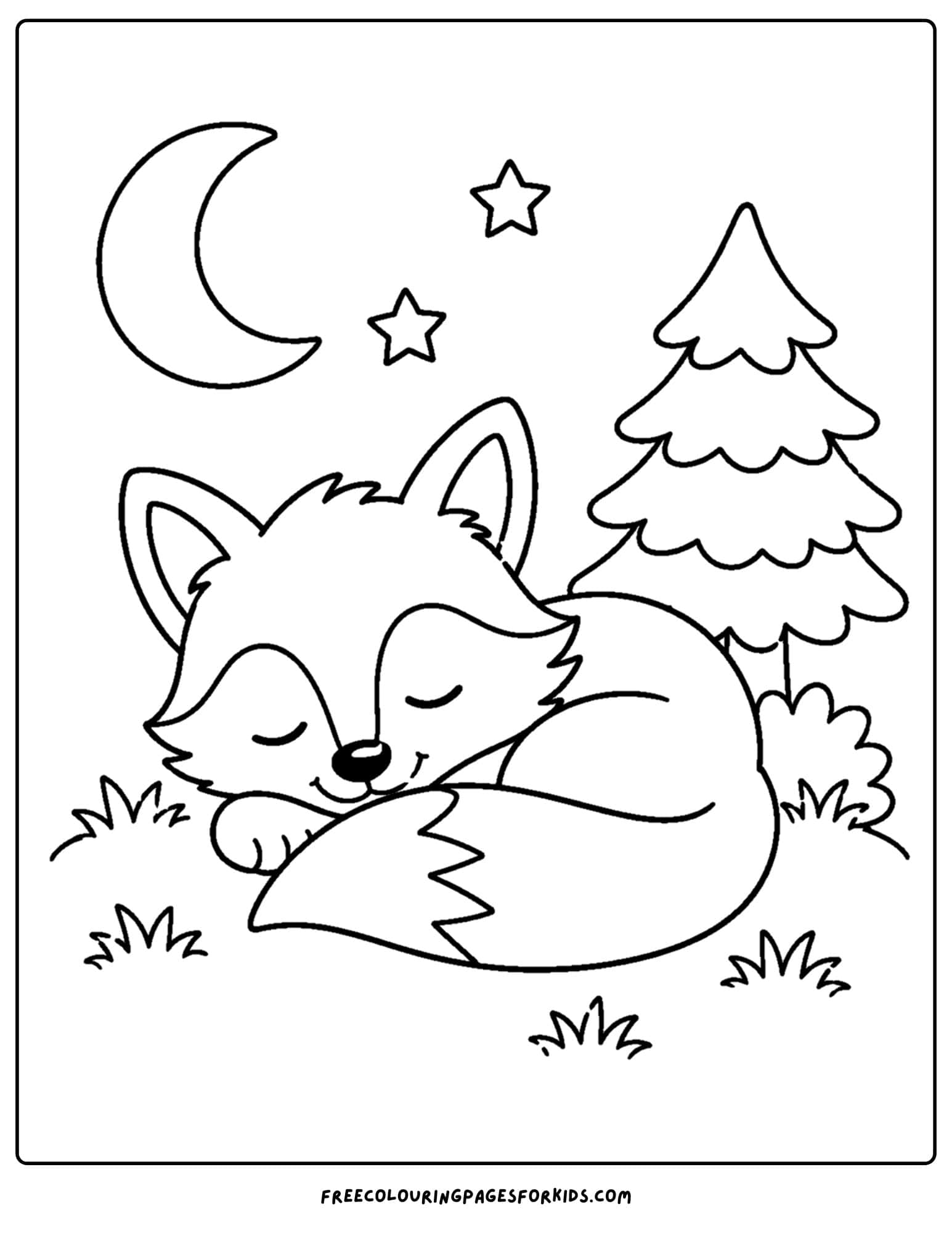 a coloring page of a fox sleeping soundly at night