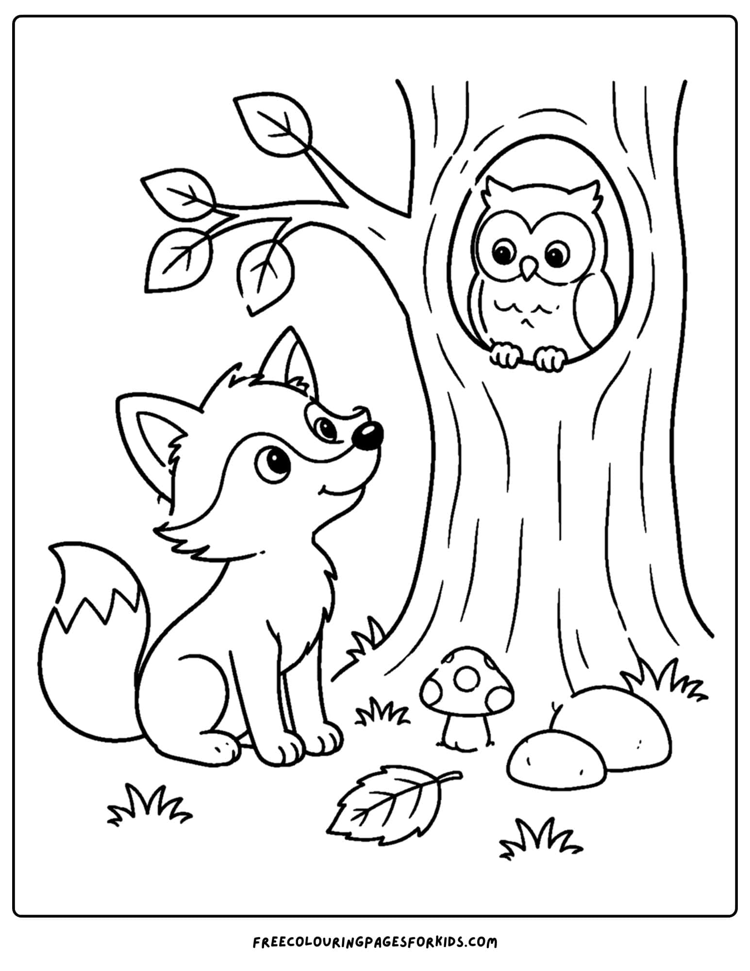 a coloring page of a fox looking up at an owl in a tree