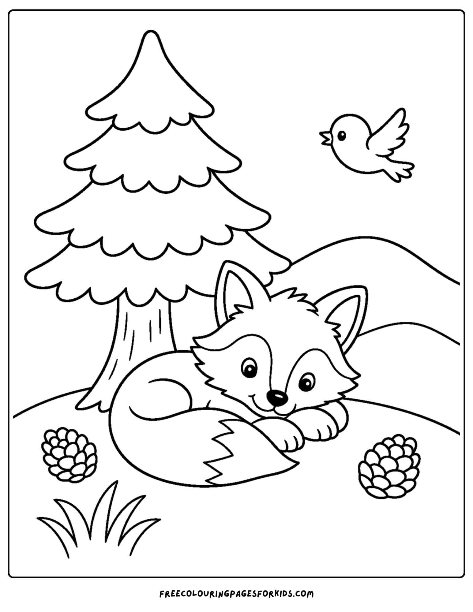 a coloring page of a fox curled up resting under a pine tree