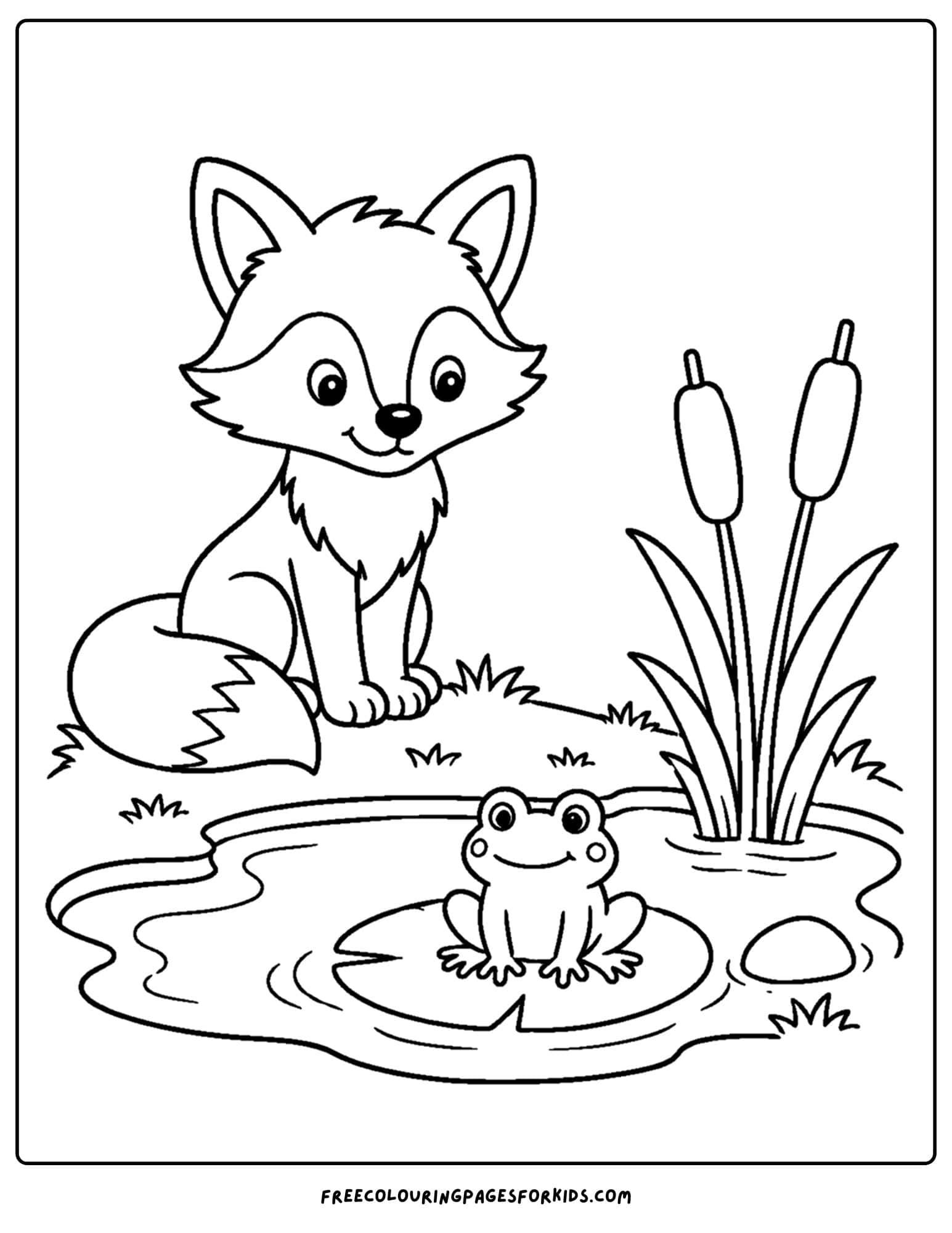 a coloring page of a fox sitting on the edge of a pond looking at a frog on a lily pad