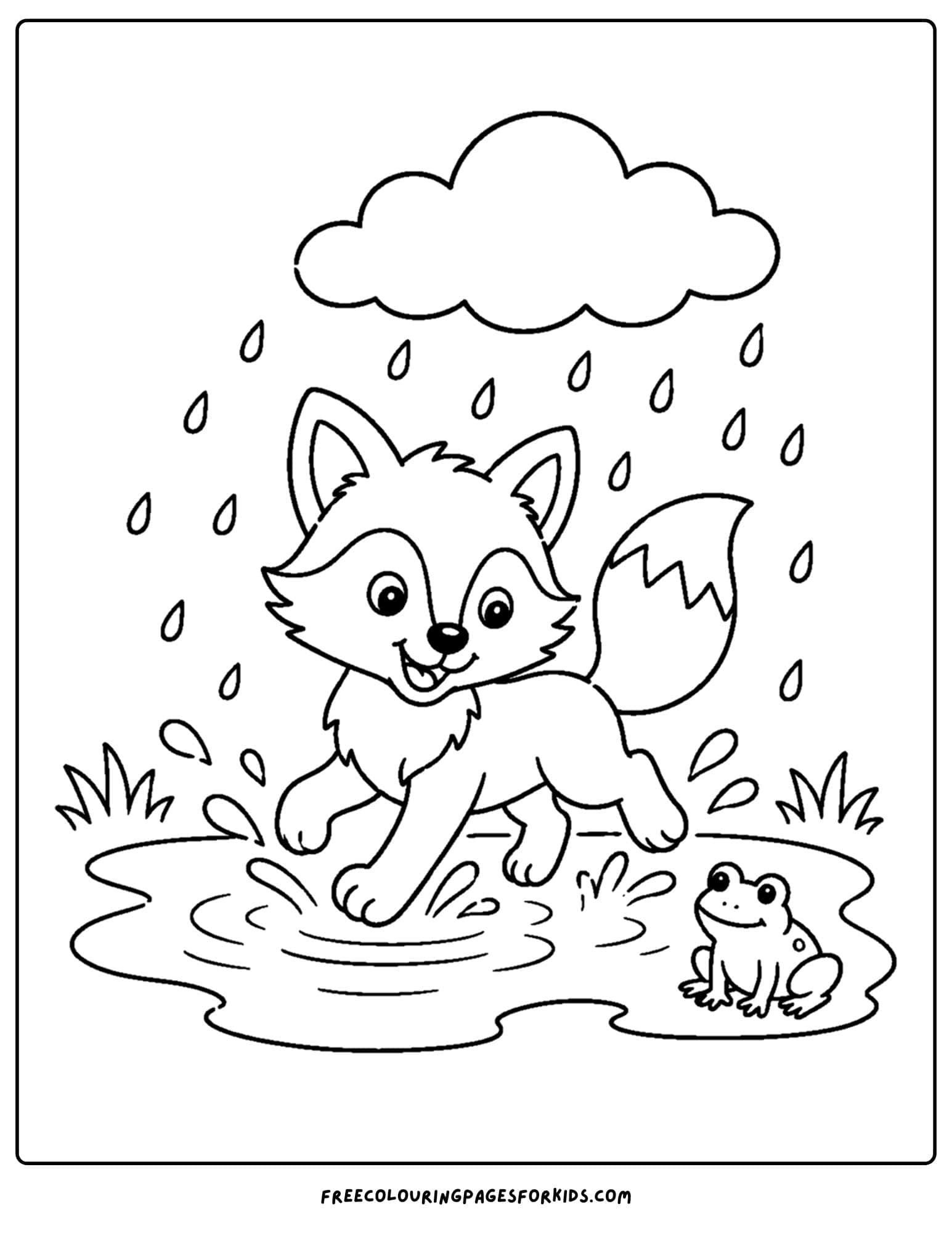 a coloring page of a fox splashing in the rain and puddles