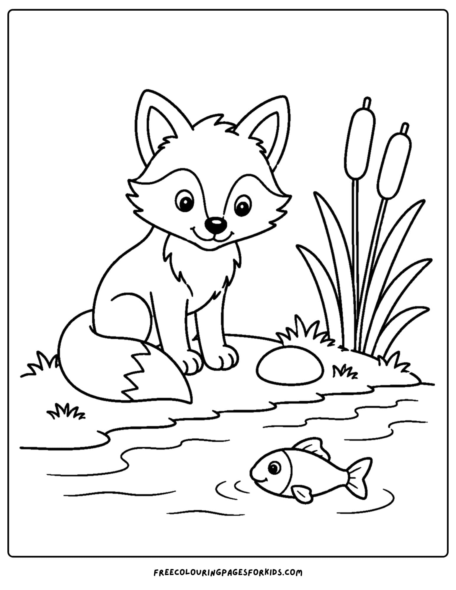 a coloring page of a fox looking at a fish from the riverbank