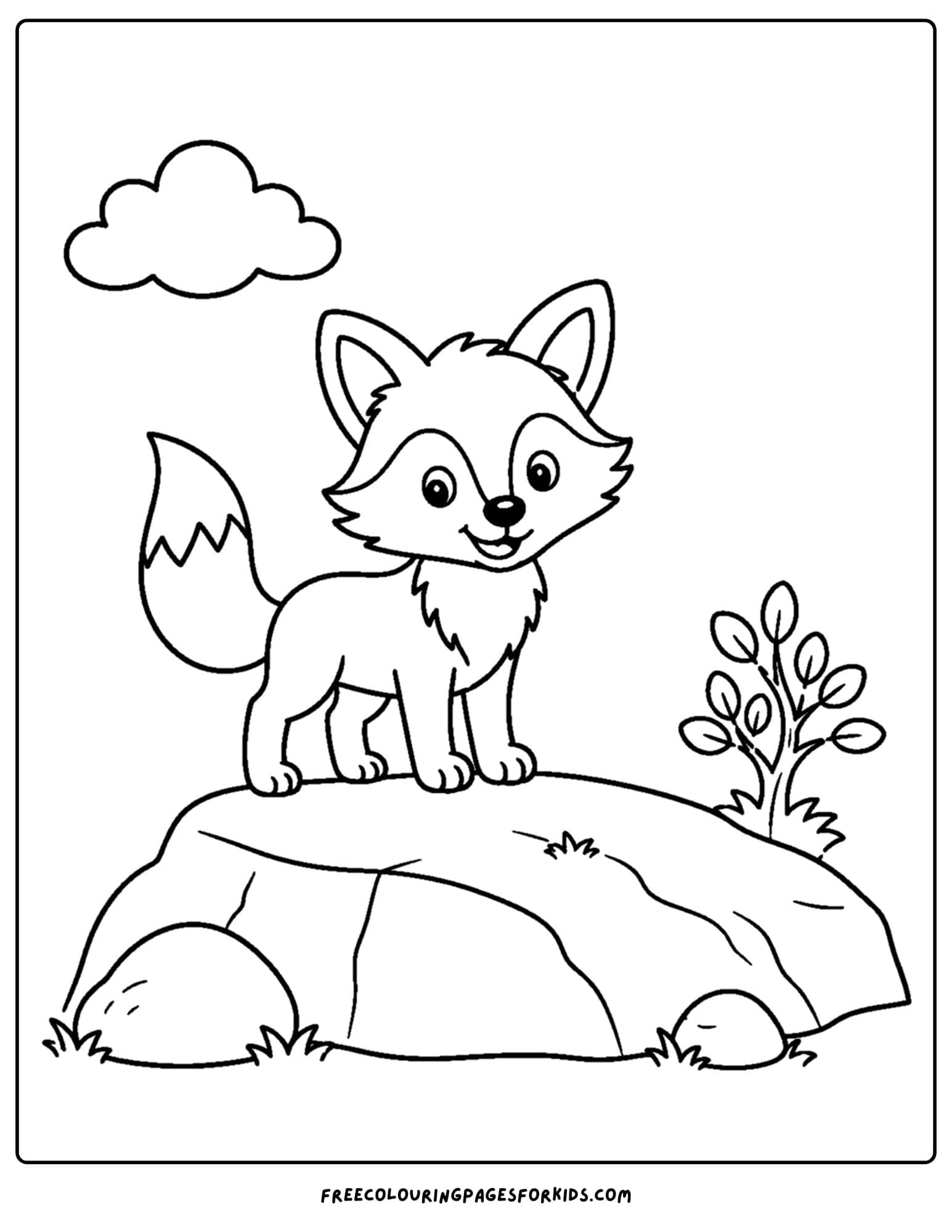 a coloring page of a fox standing on a big rock