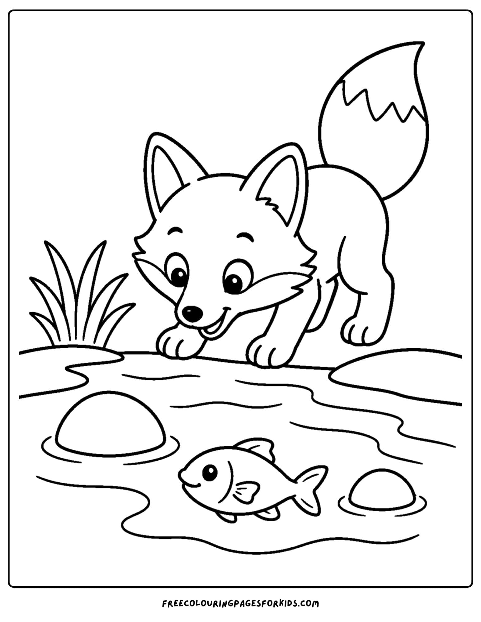 a coloring page of a fox drinking from a stream
