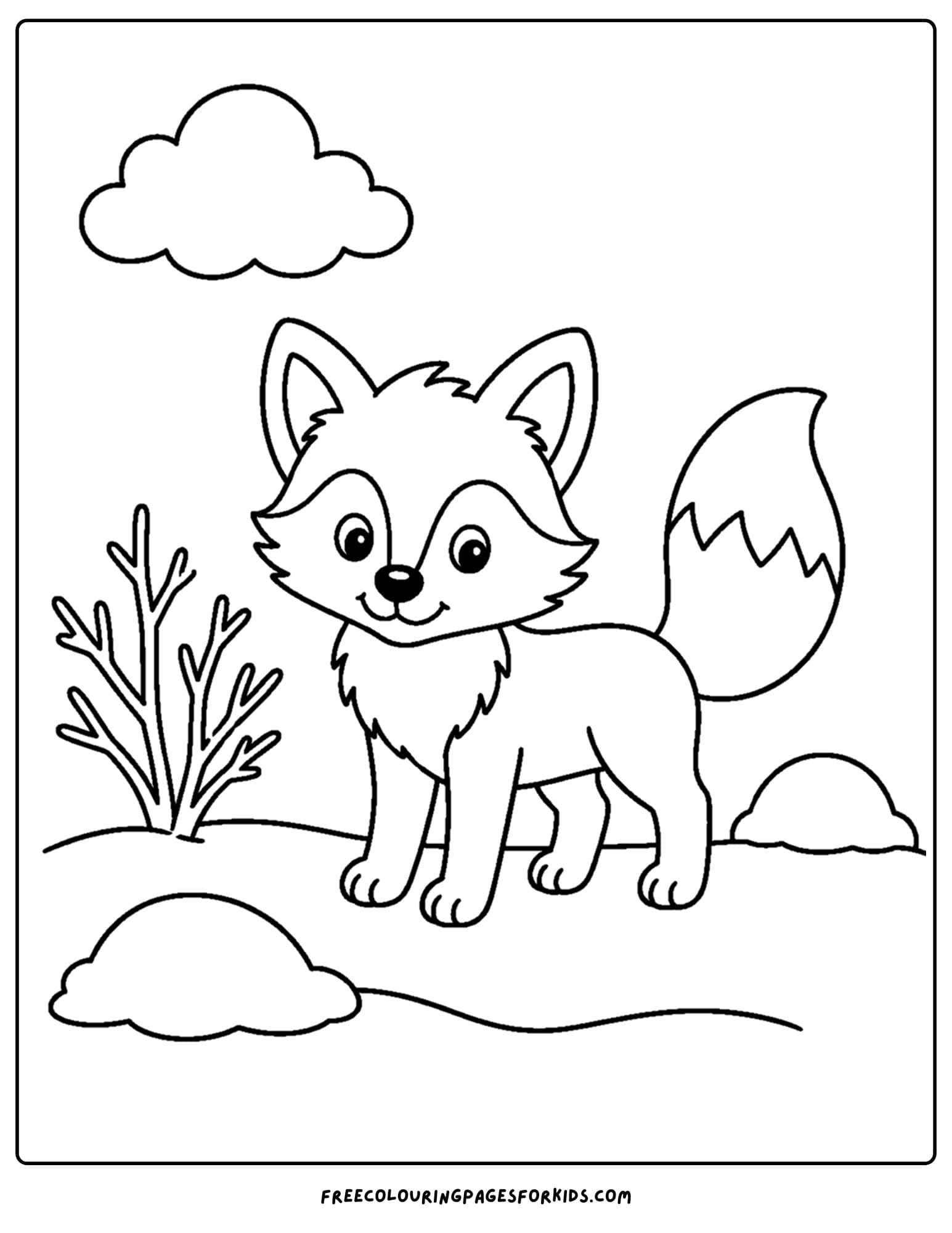 a coloring page of a fox with its tail up