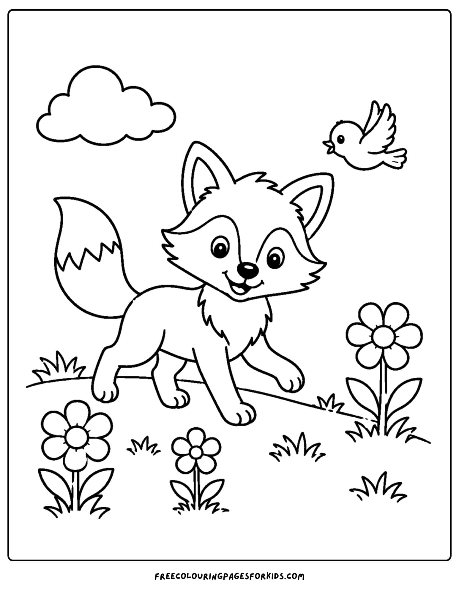 a coloring page of a fox running across a meadow