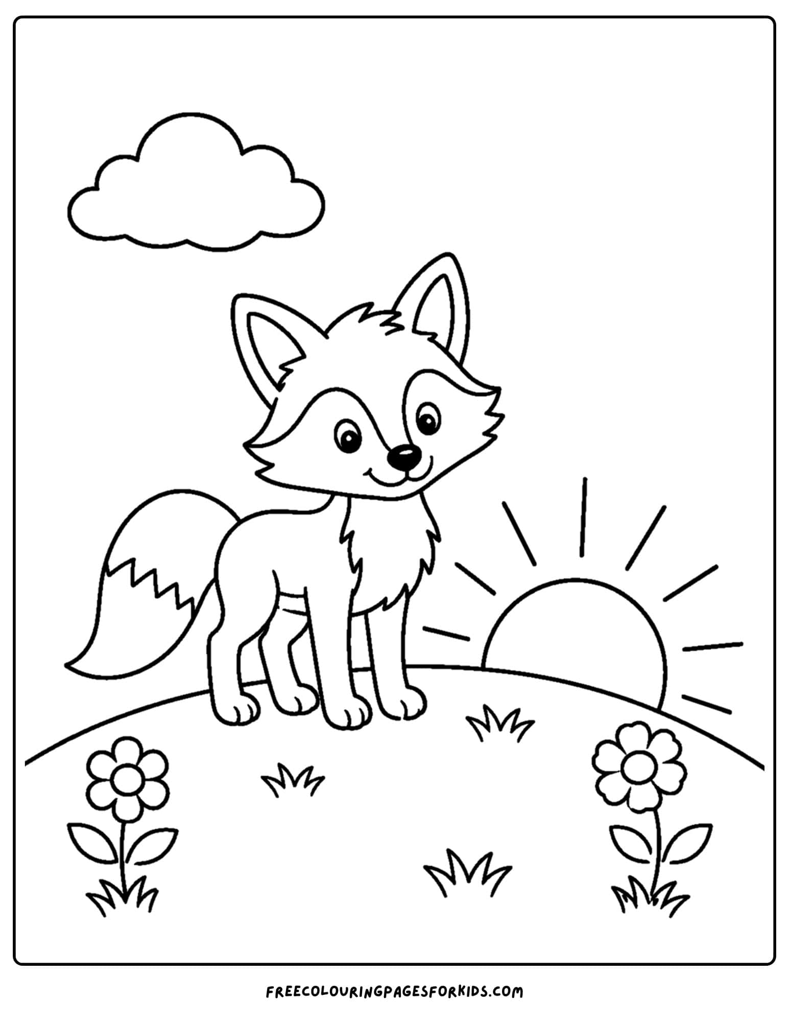a coloring page of a fox standing on a hill at sunrise