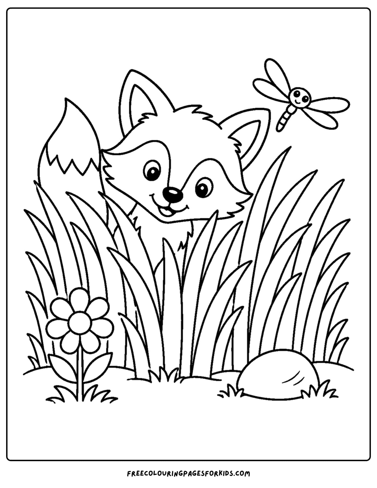 a coloring page of a fox peeking out of tall grass