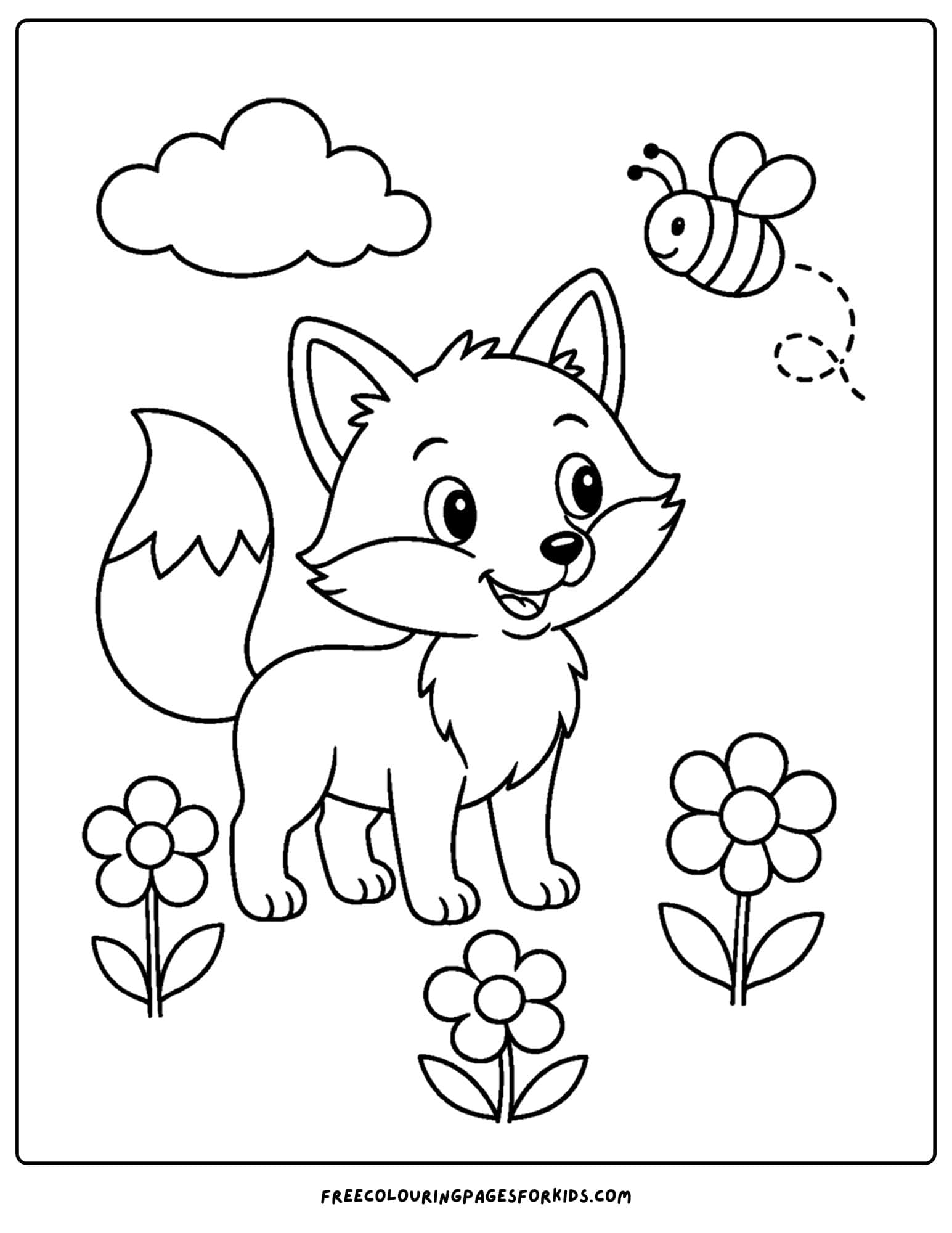 a coloring page of a fox standing in a meadow of flowers