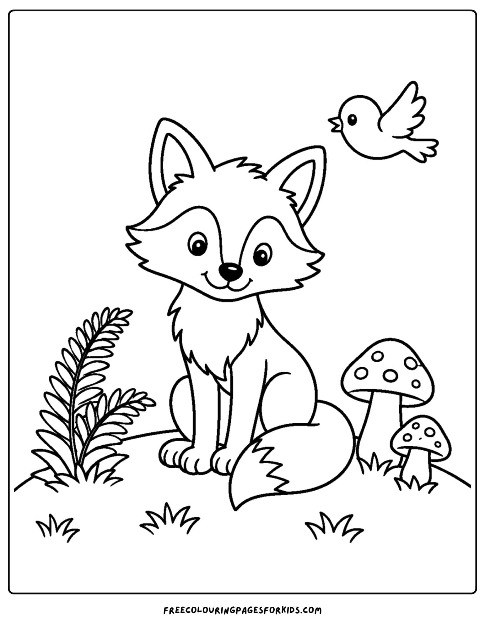 a coloring page of a fox sitting in a clearing