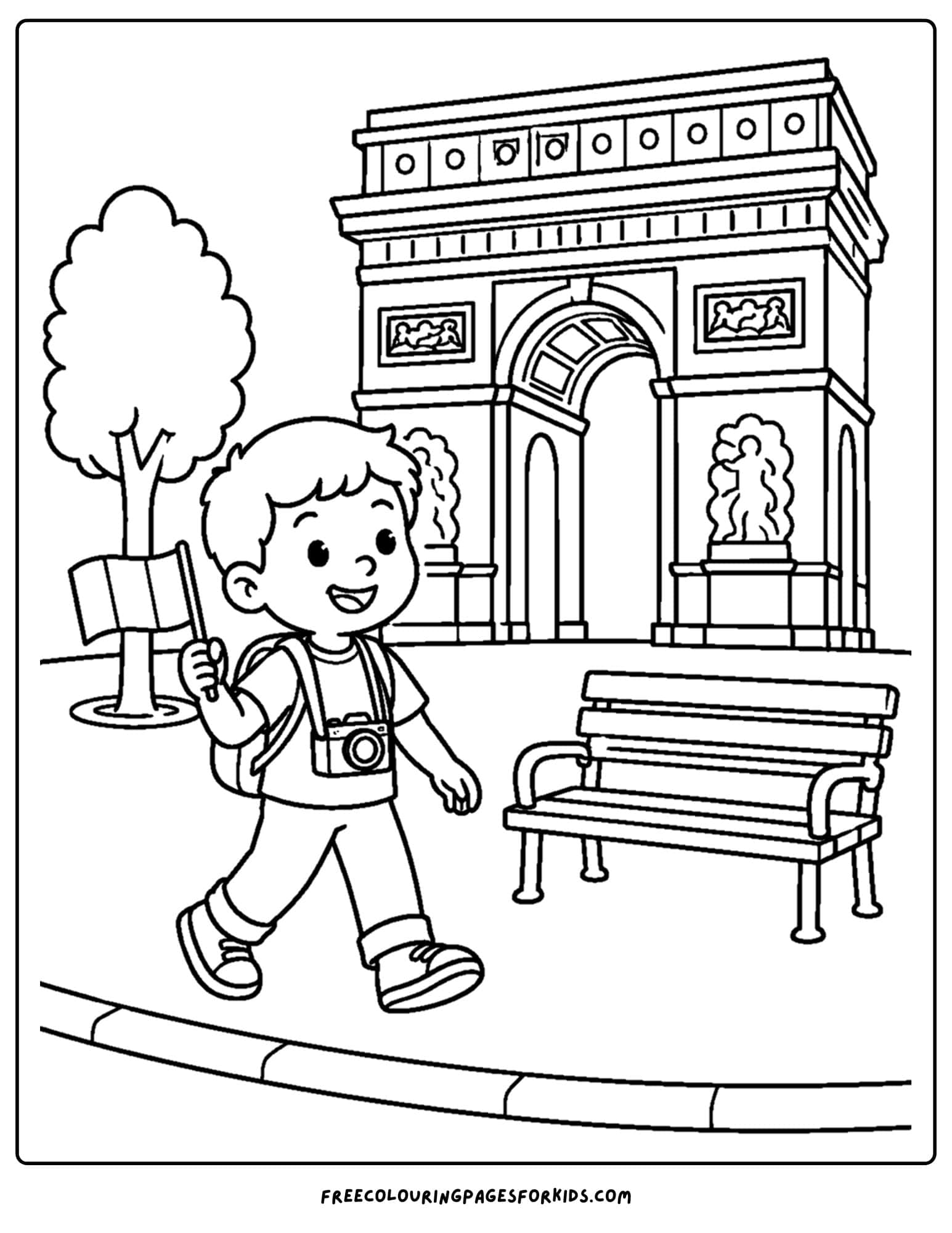 a france themed coloring page of a child walking past the arc de triomphe