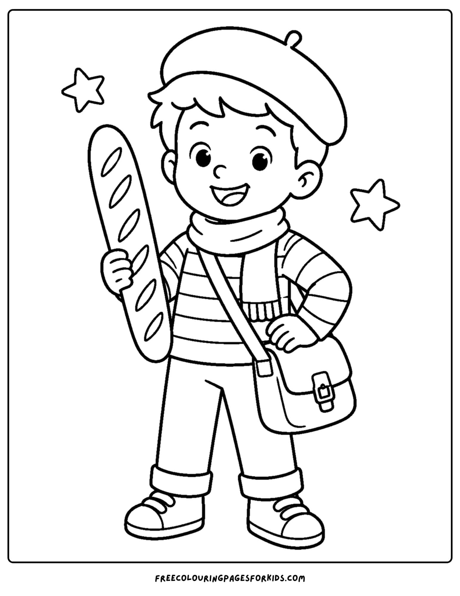 a france themed coloring page of a child wearing a beret and scarf holding a baguette