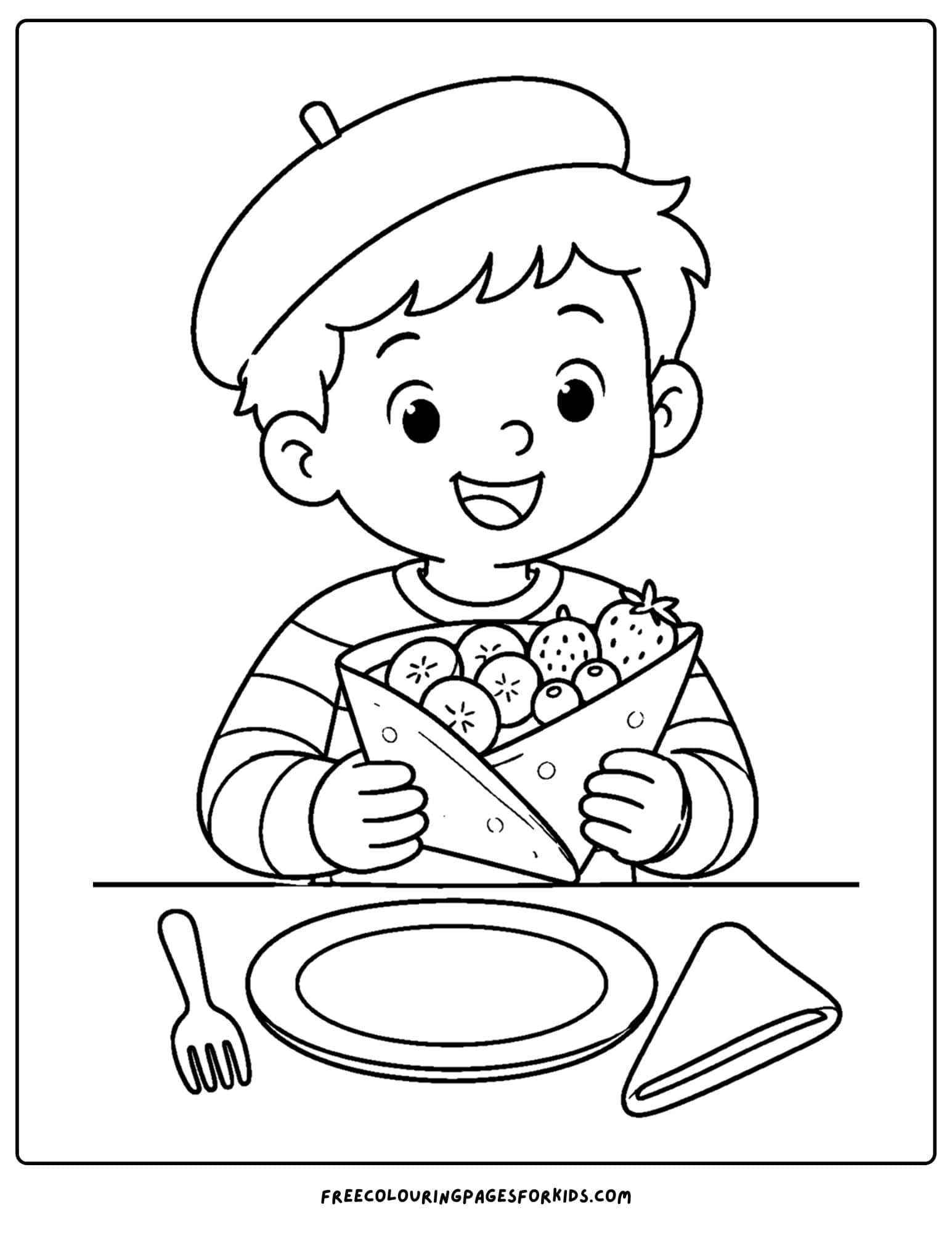 a france themed coloring page of a child eating a yummy crepe