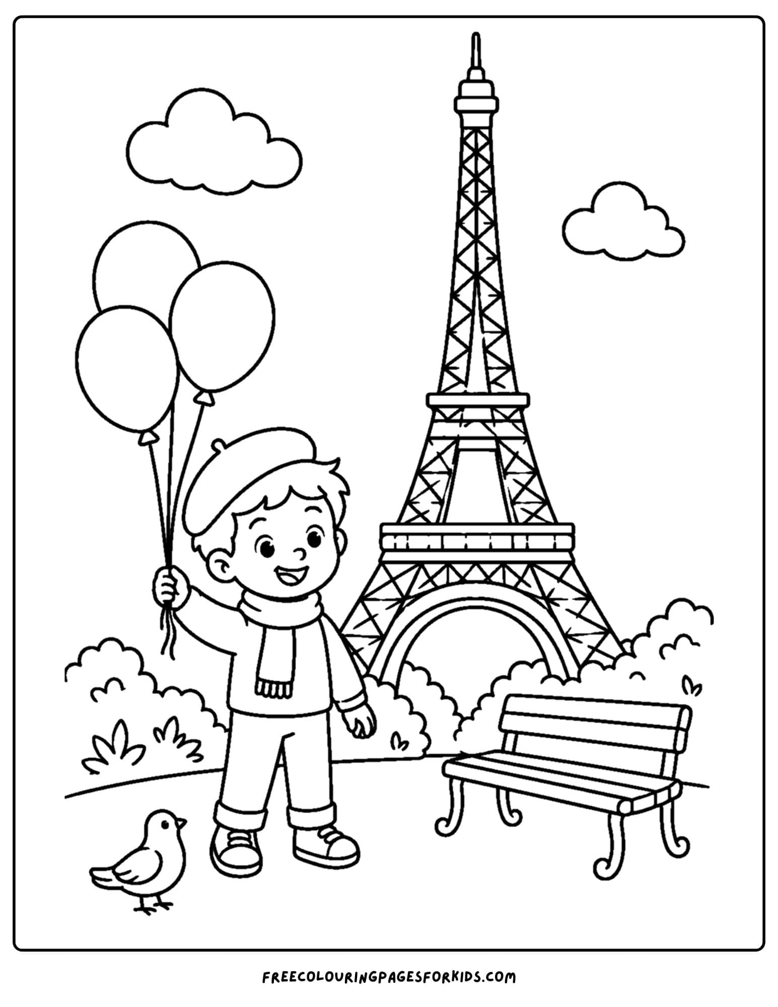 a france themed coloring page of a child holding balloons in front of the eiffel tower