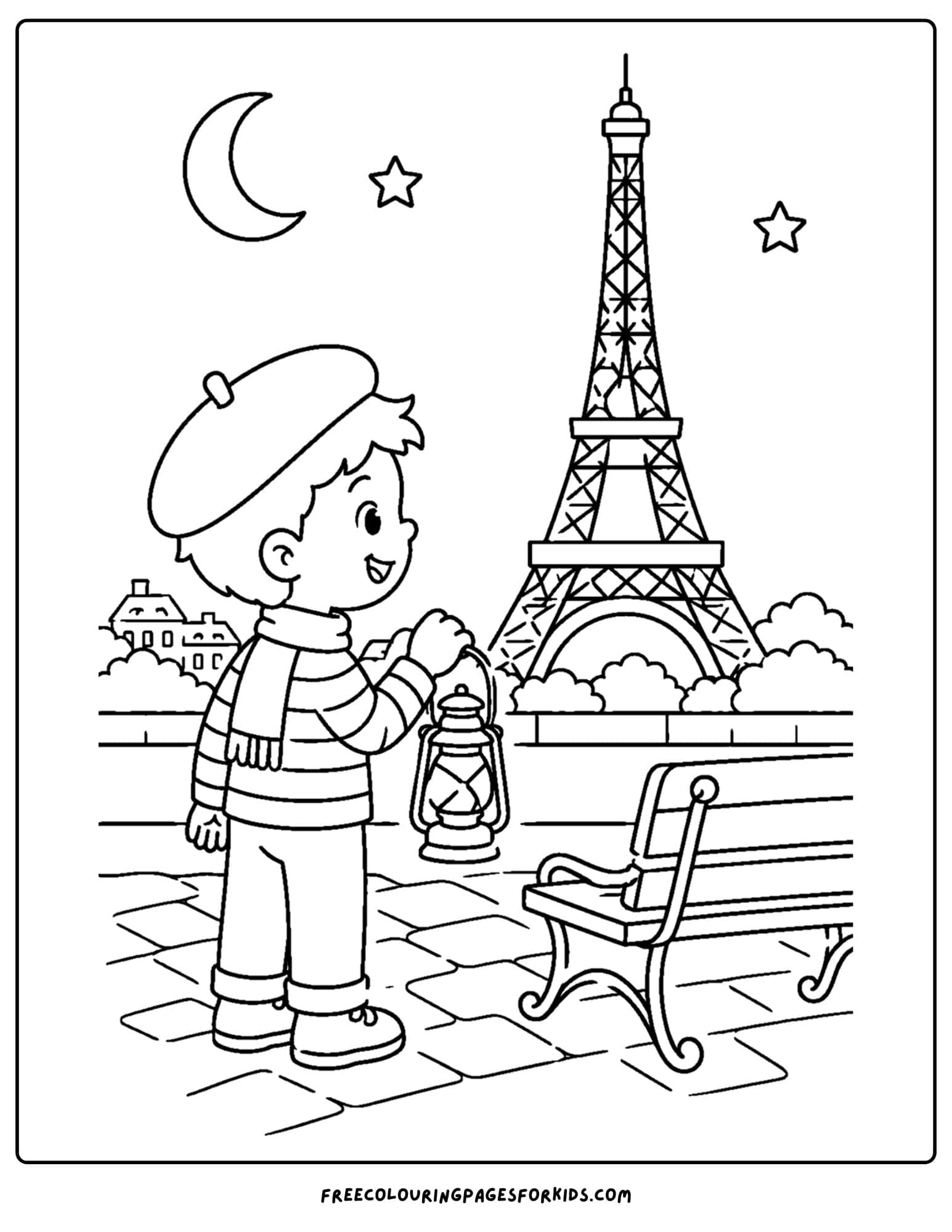 a france themed coloring page a child with a lantern looking at the eiffel tower at night