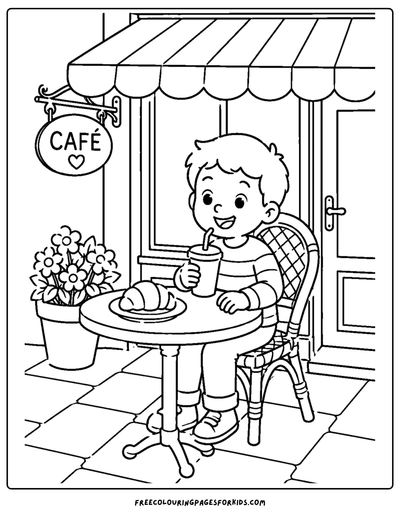 a france themed coloring page of a child sitting at a french cafe