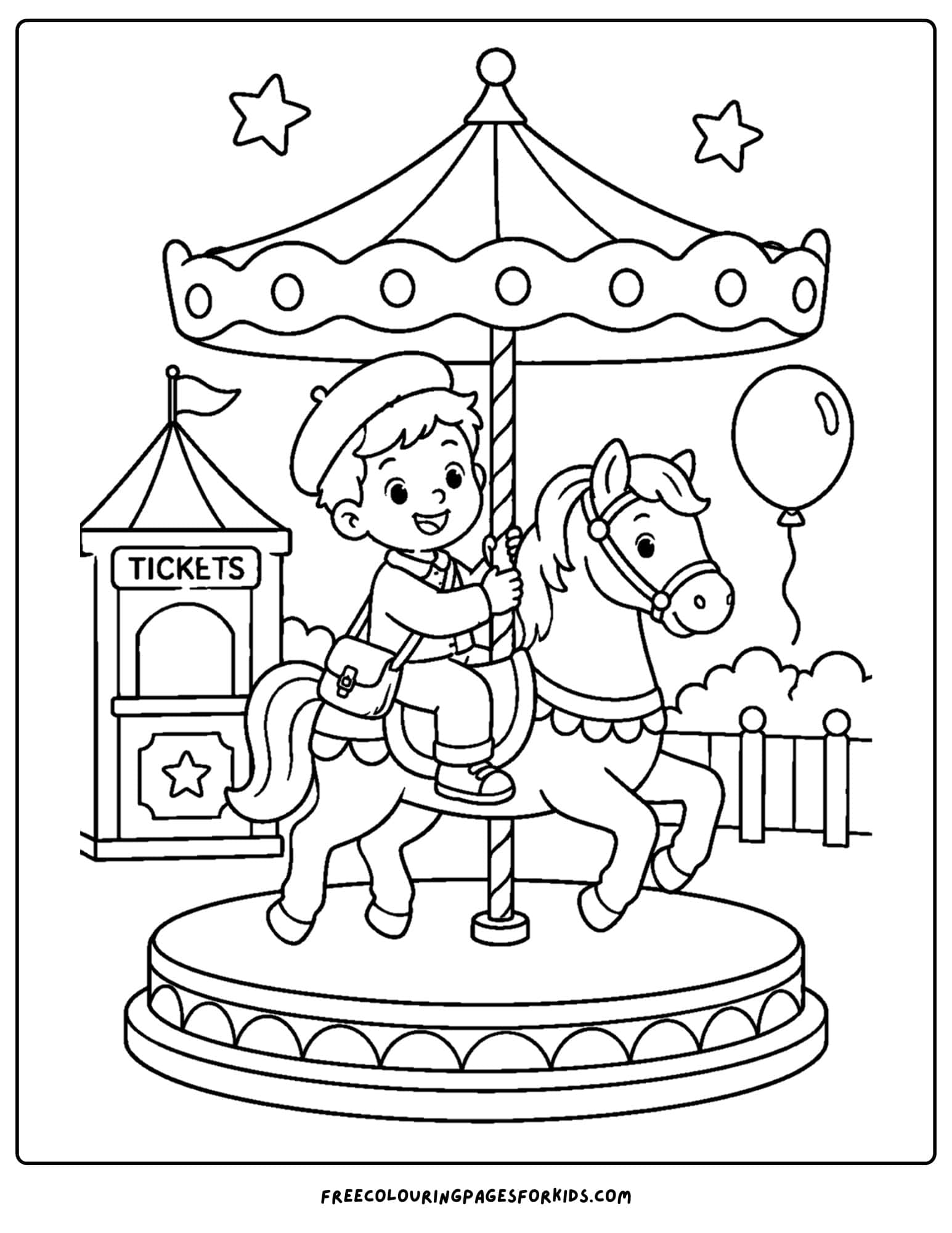 a france themed coloring page of a child riding a french carousel
