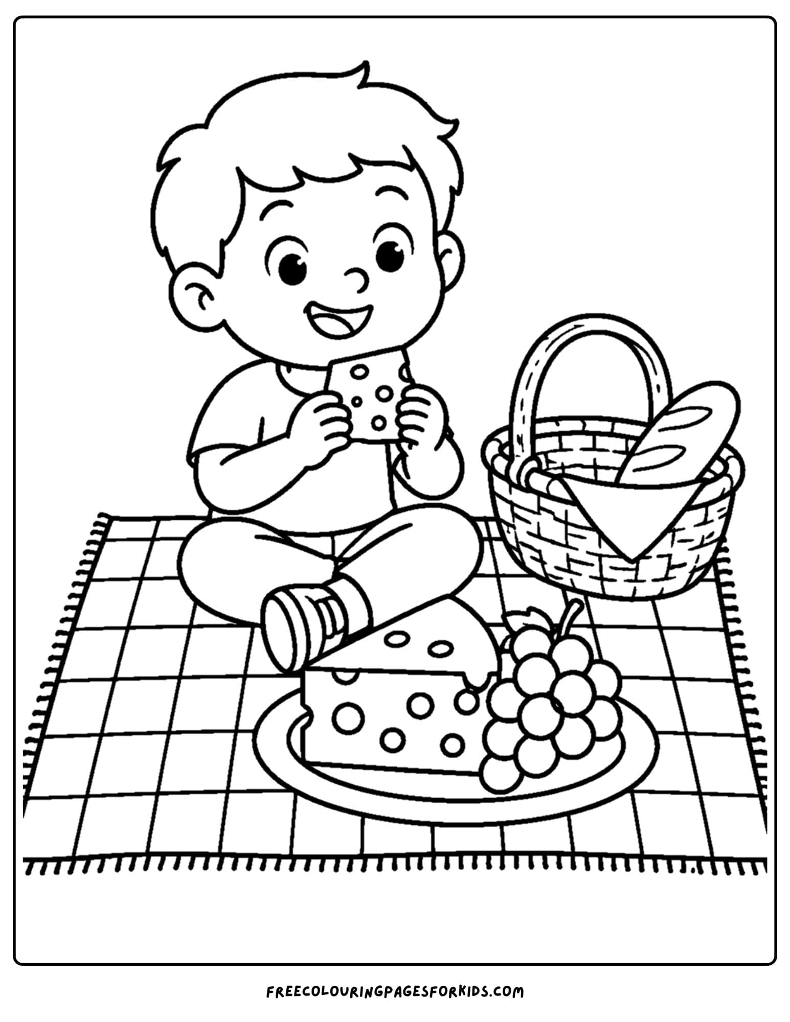 a france themed coloring page showing a child having a cheese picnic