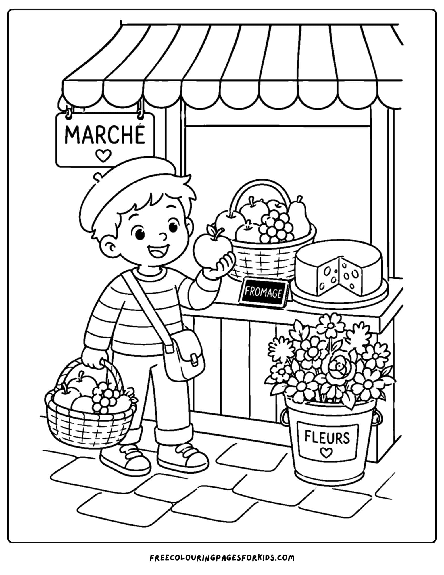 a france themed coloring page showing a market stall selling fresh goods