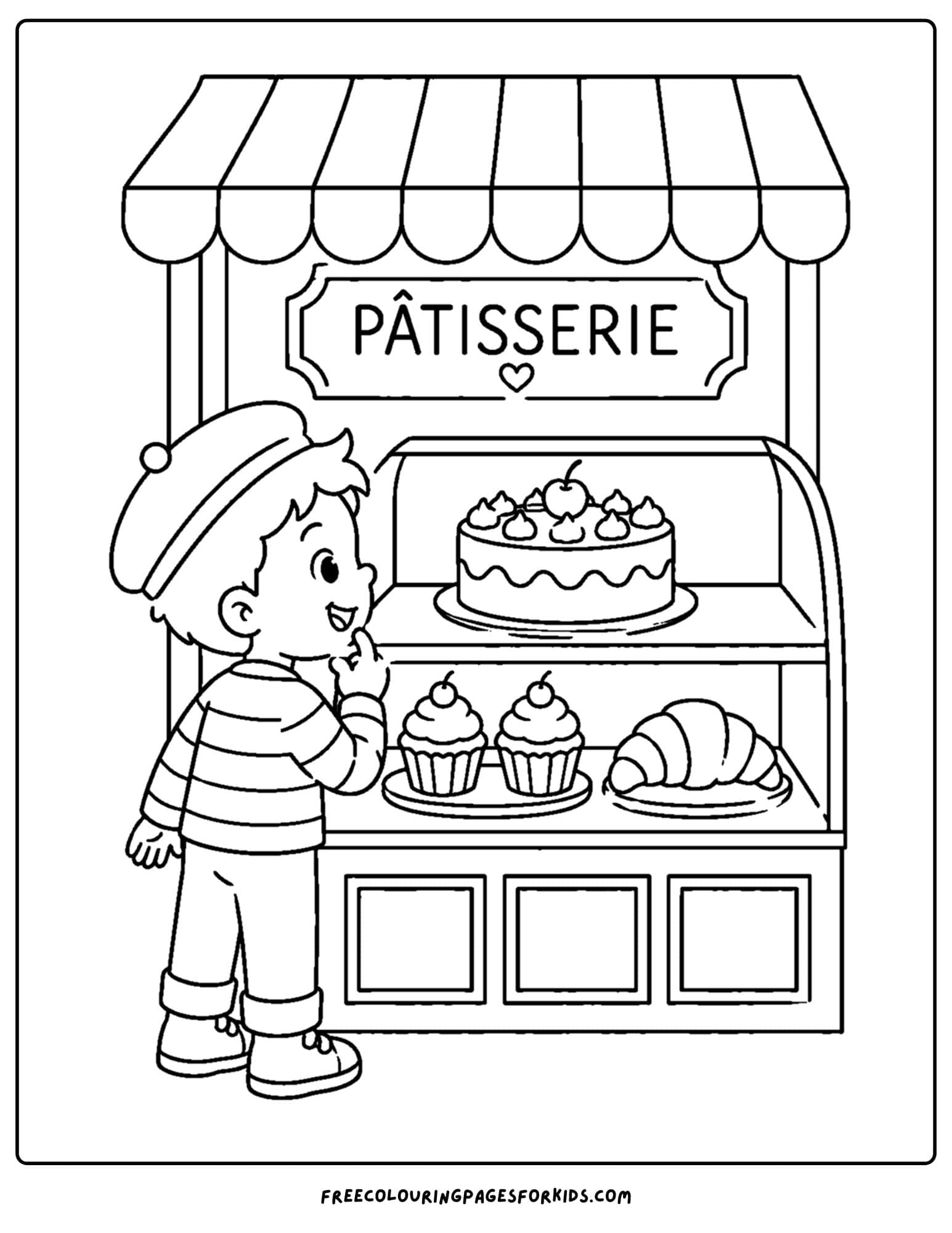 a france themed coloring page showing a french pastry shop window