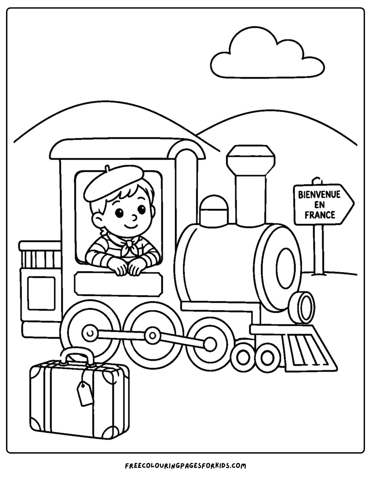 a france themed coloring page showing a train ready to depart