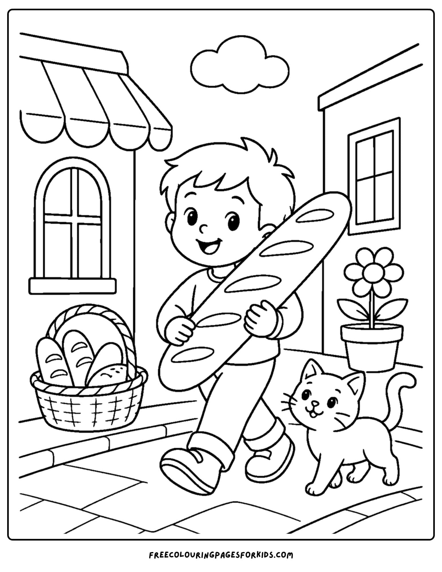 a france themed coloring page child holding a giant baguette