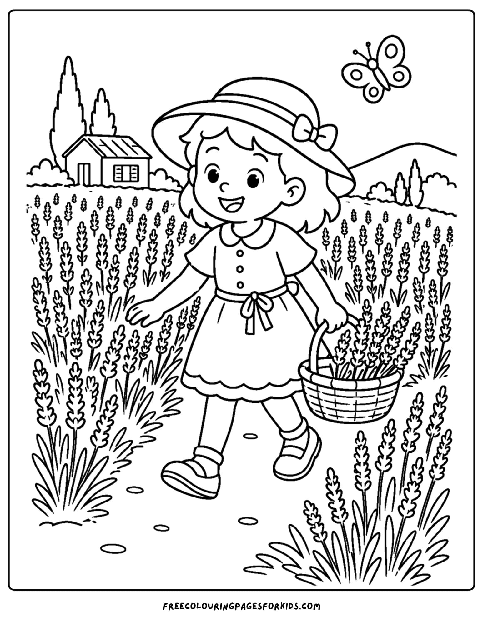a france themed coloring page of a girl in a lavender field