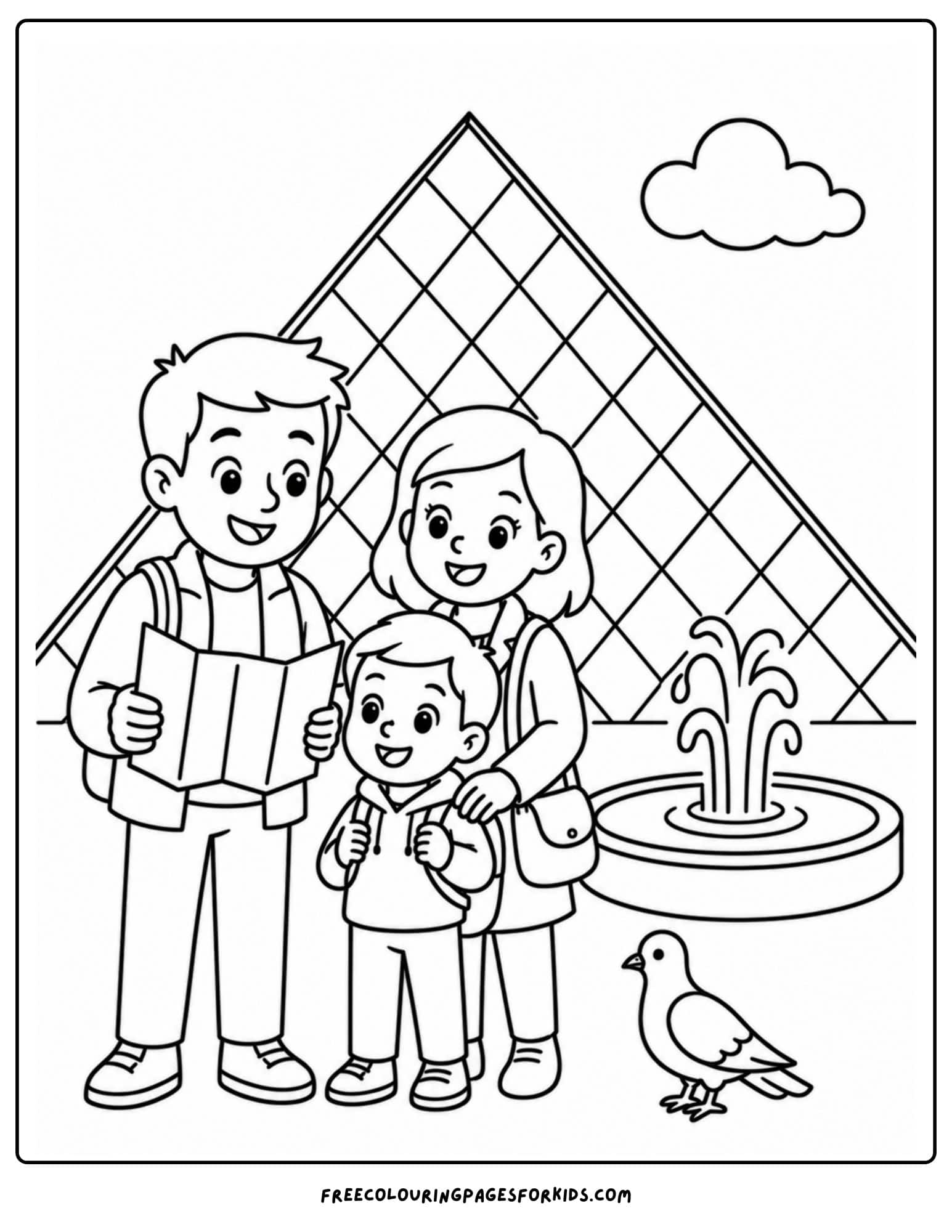 a france themed coloring page a family in front of the louvre