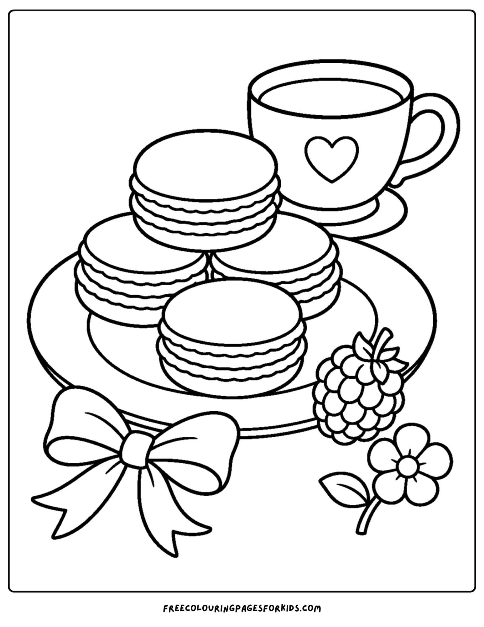 a france themed coloring page of a macaron tea party