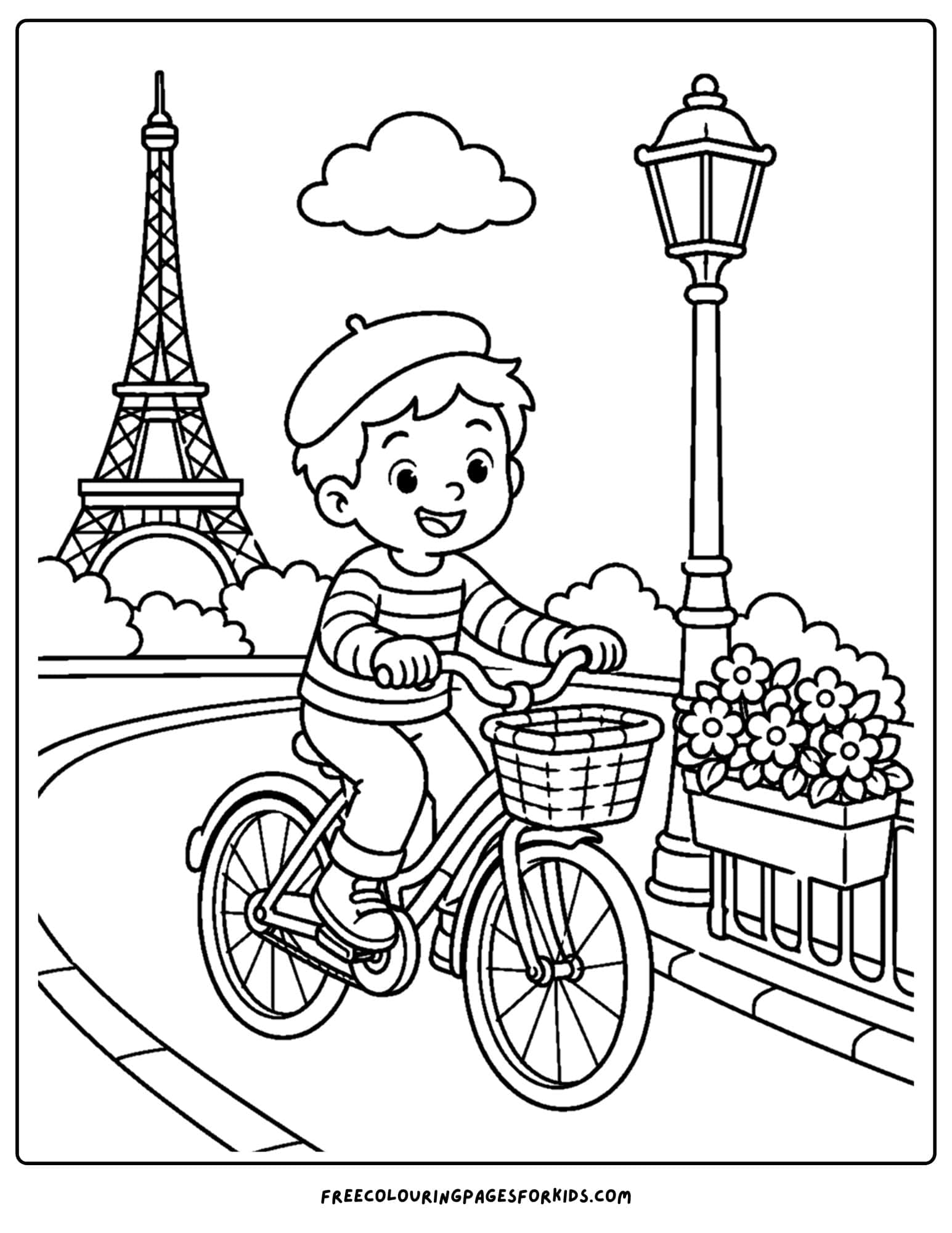 a france themed coloring page showing a boy riding a bike with the eiffel tower in the background