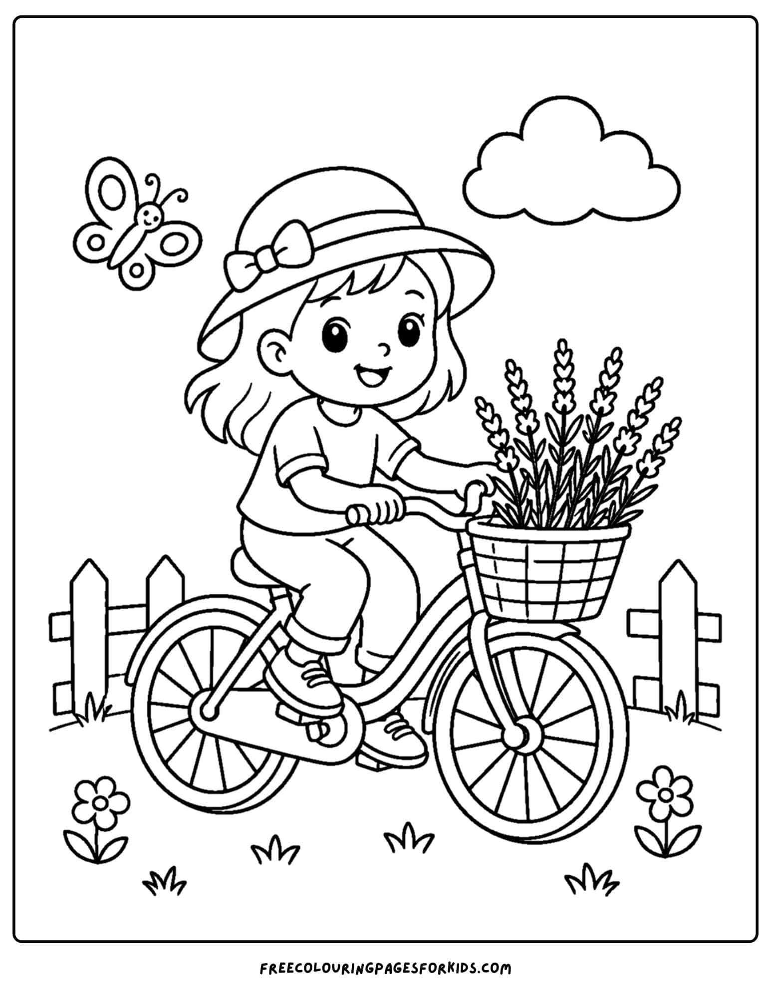 a france themed coloring page showing a girl riding a bike in the provence