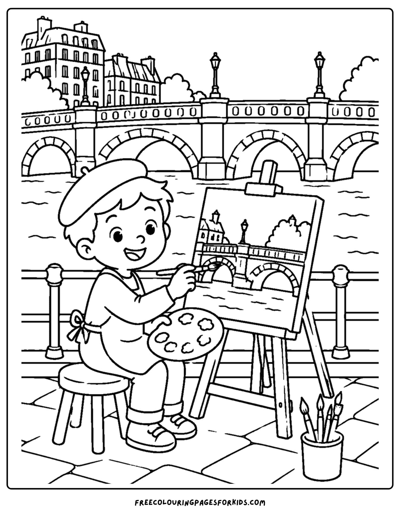 a france themed coloring page showing an artist painting on the river seine
