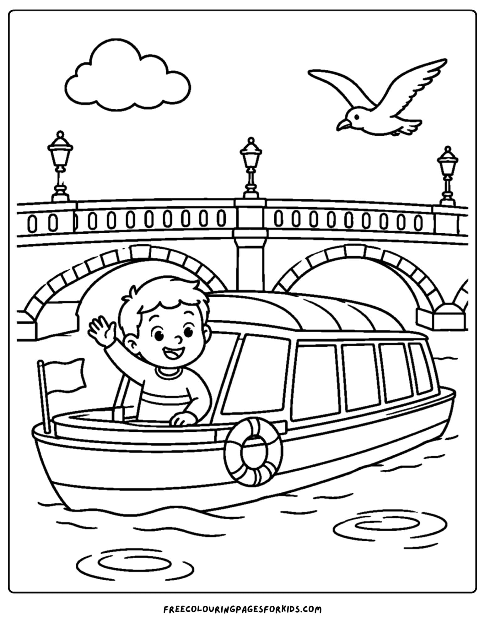 a france themed coloring page showing a river boat on the seine