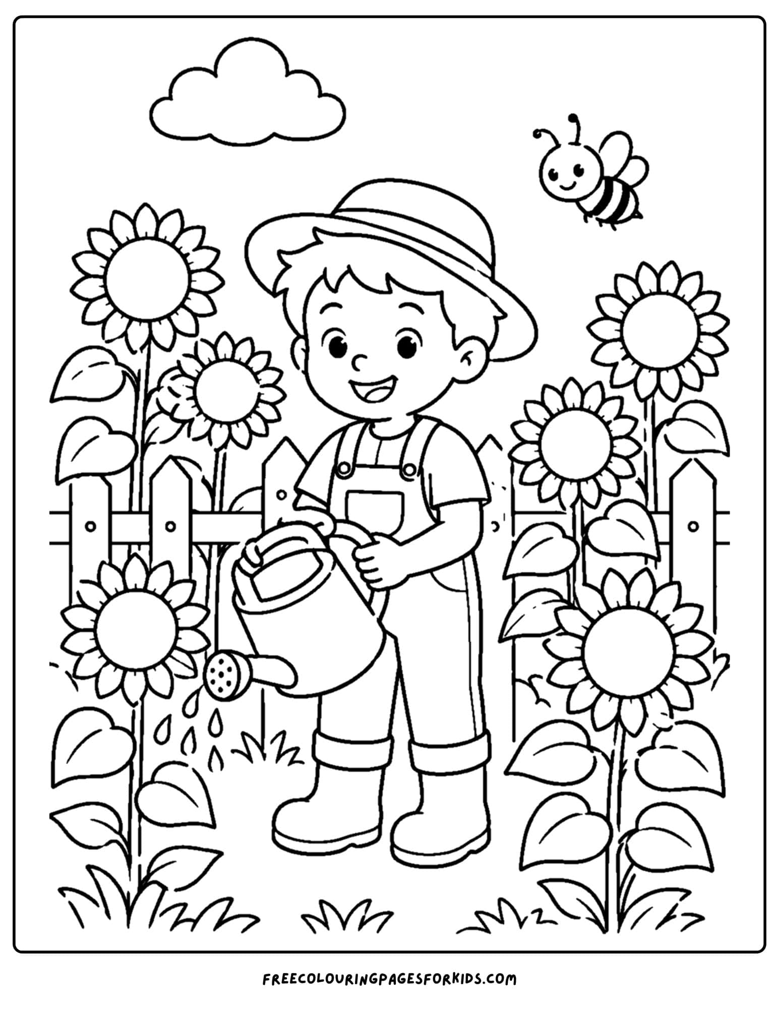 a france themed coloring page showing a farmer in a sunflower farm