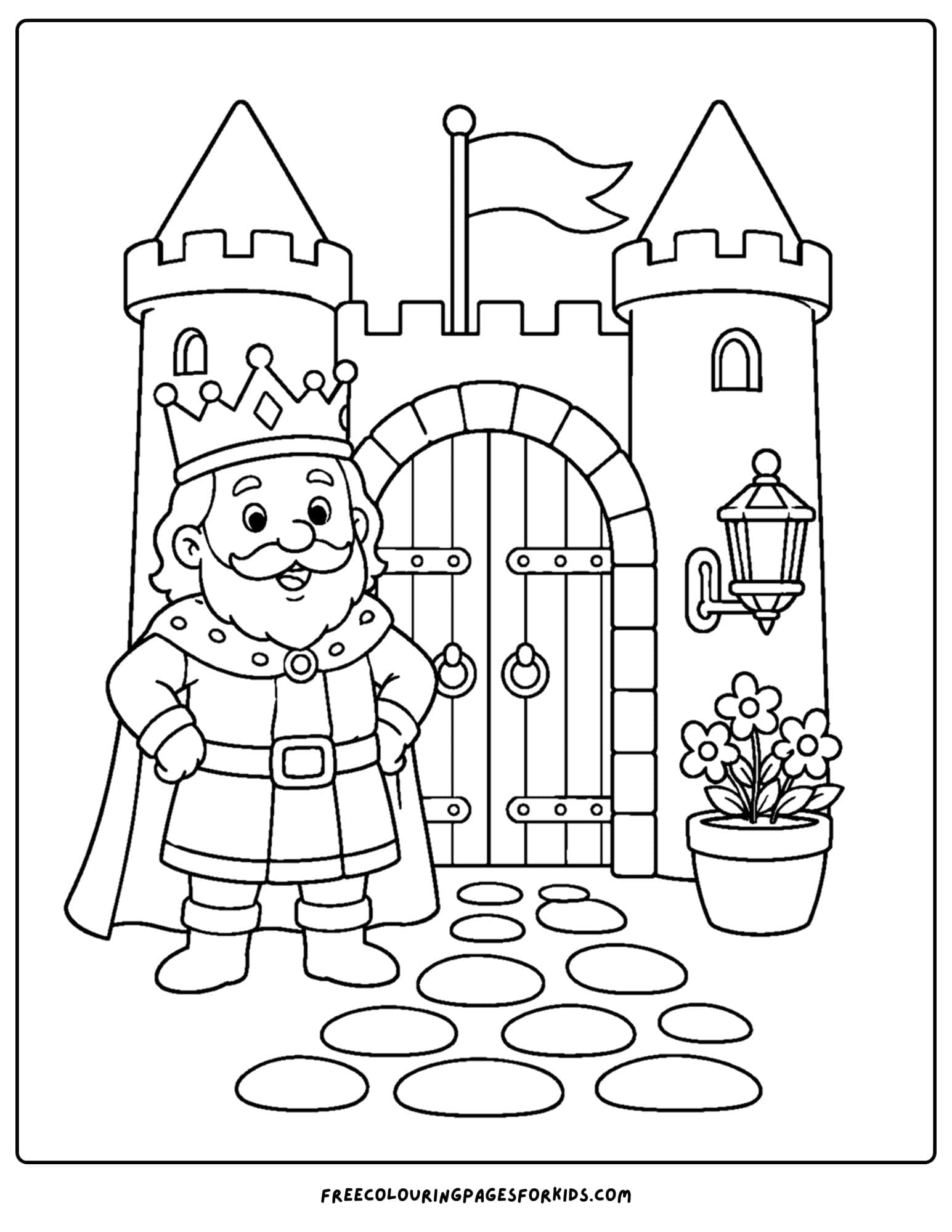 a coloring page of a king standing outside the gate of a castle