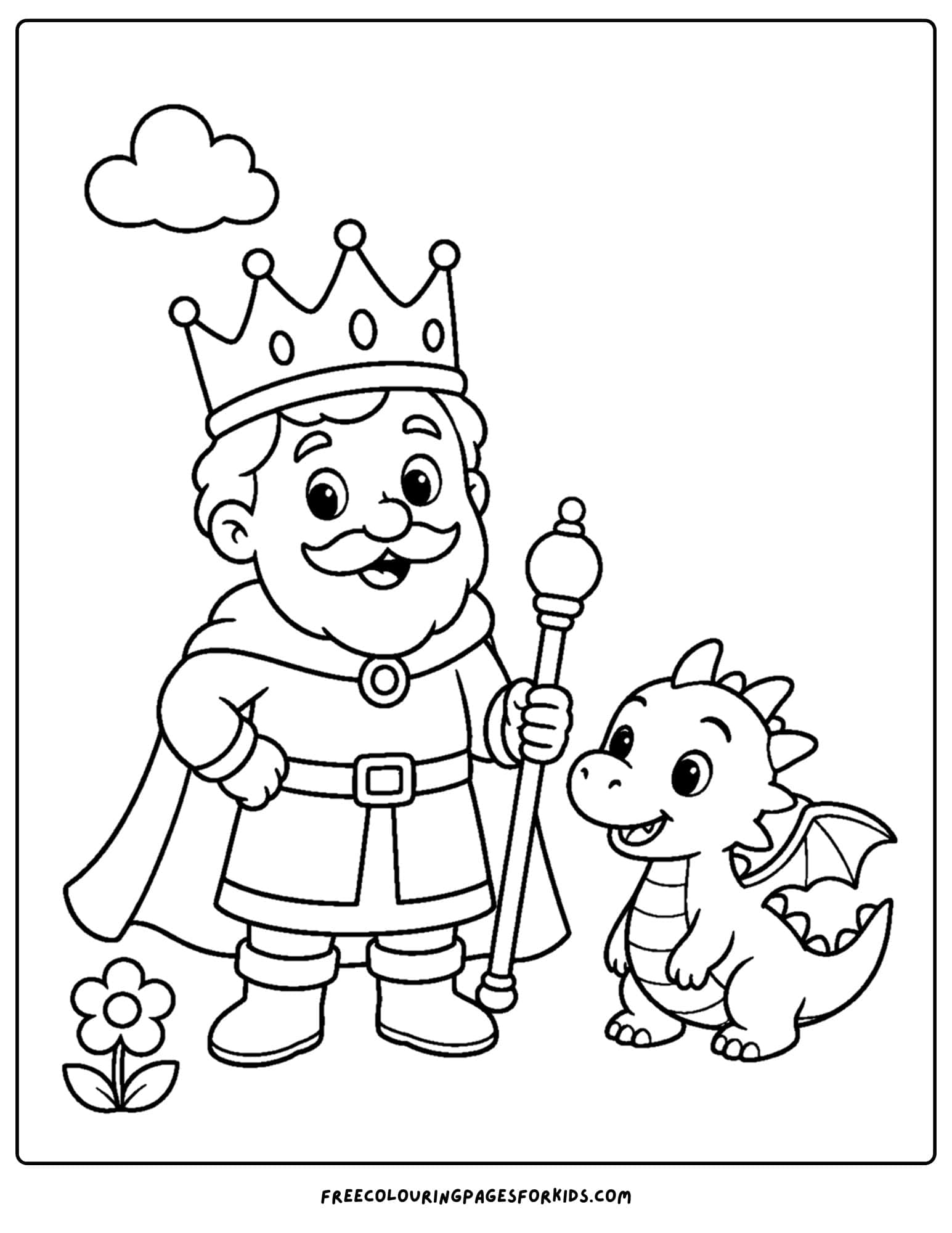 a coloring page of a king and a baby dragon