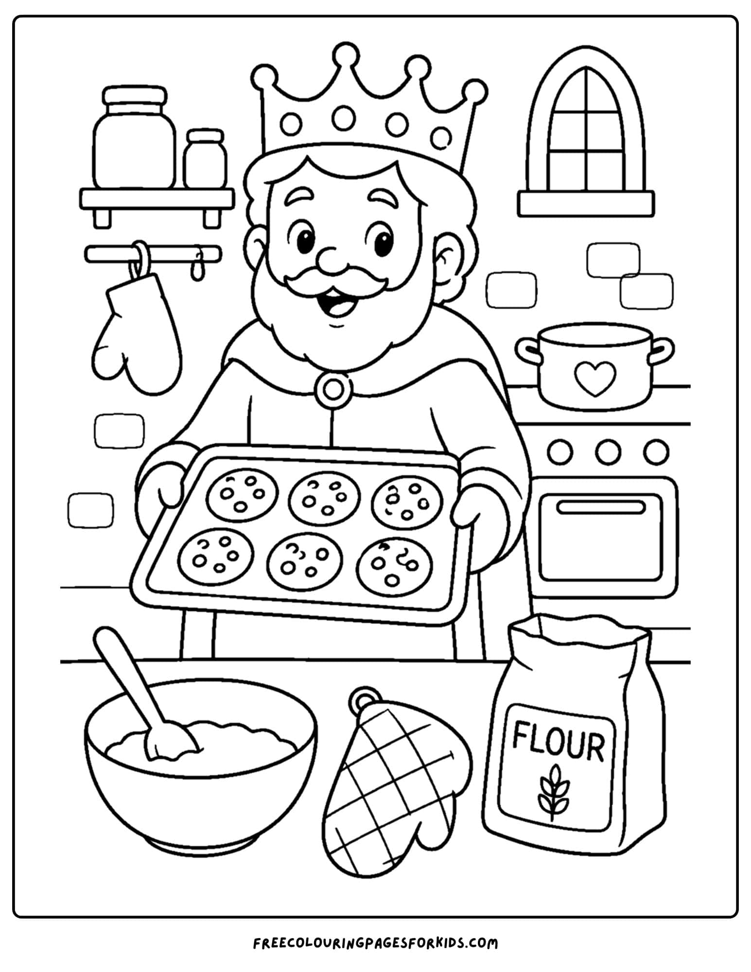 a coloring page of a king baking cookies in the kitchen