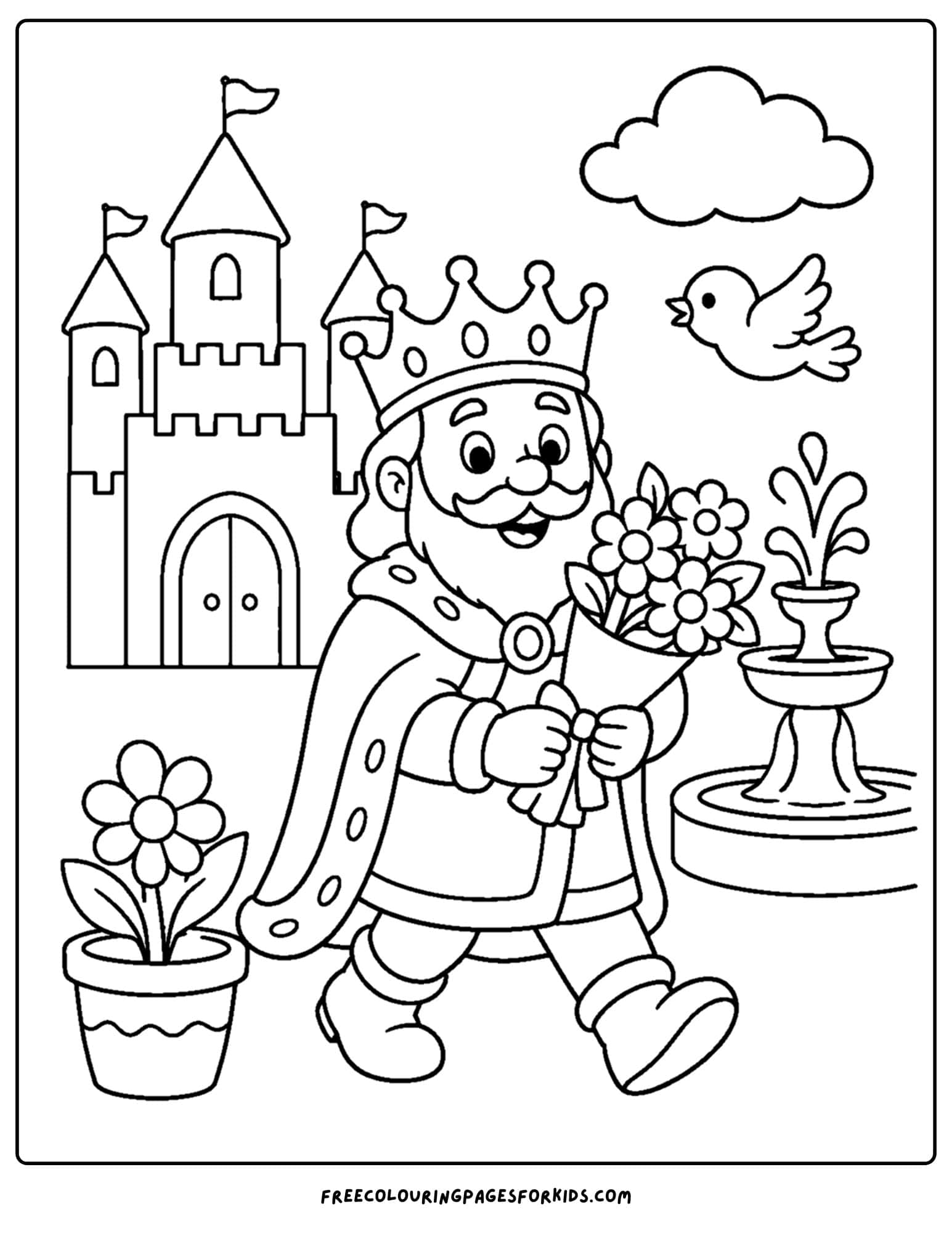 a coloring page of a king carrying a bouquet of flowers