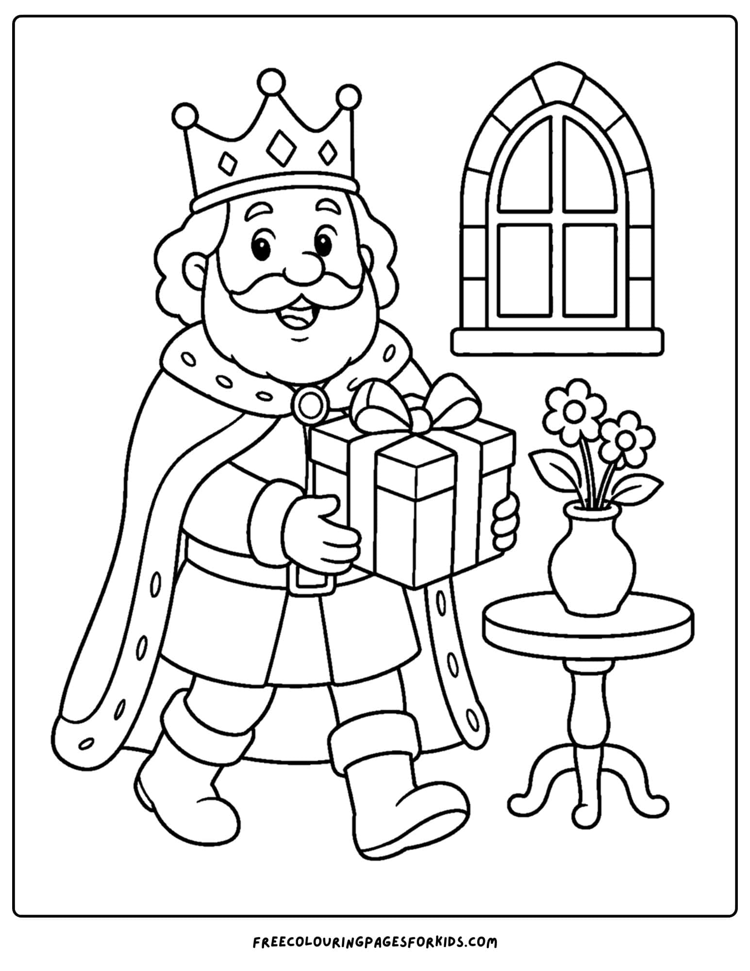 a coloring page of a king carrying a gift box
