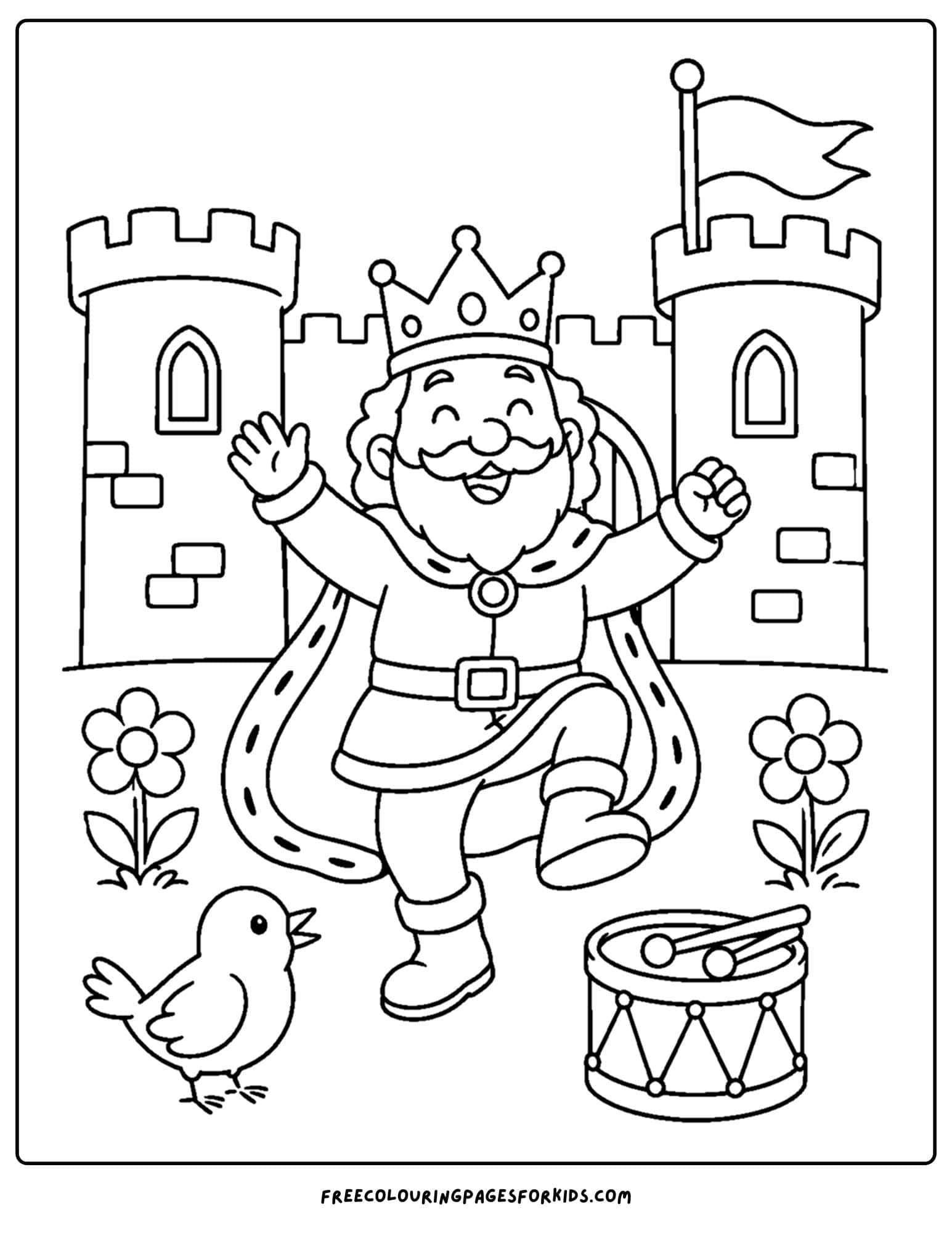 a coloring page of a king dancing in the courtyard of a castle