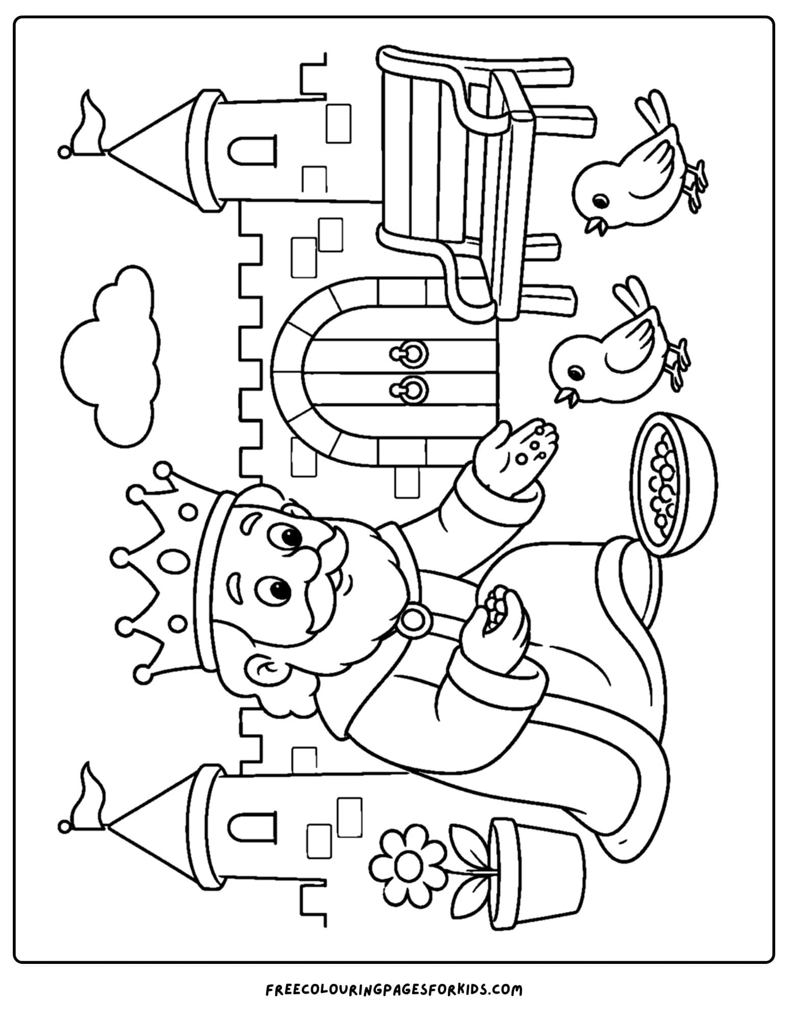 a coloring page of a king feeding birds