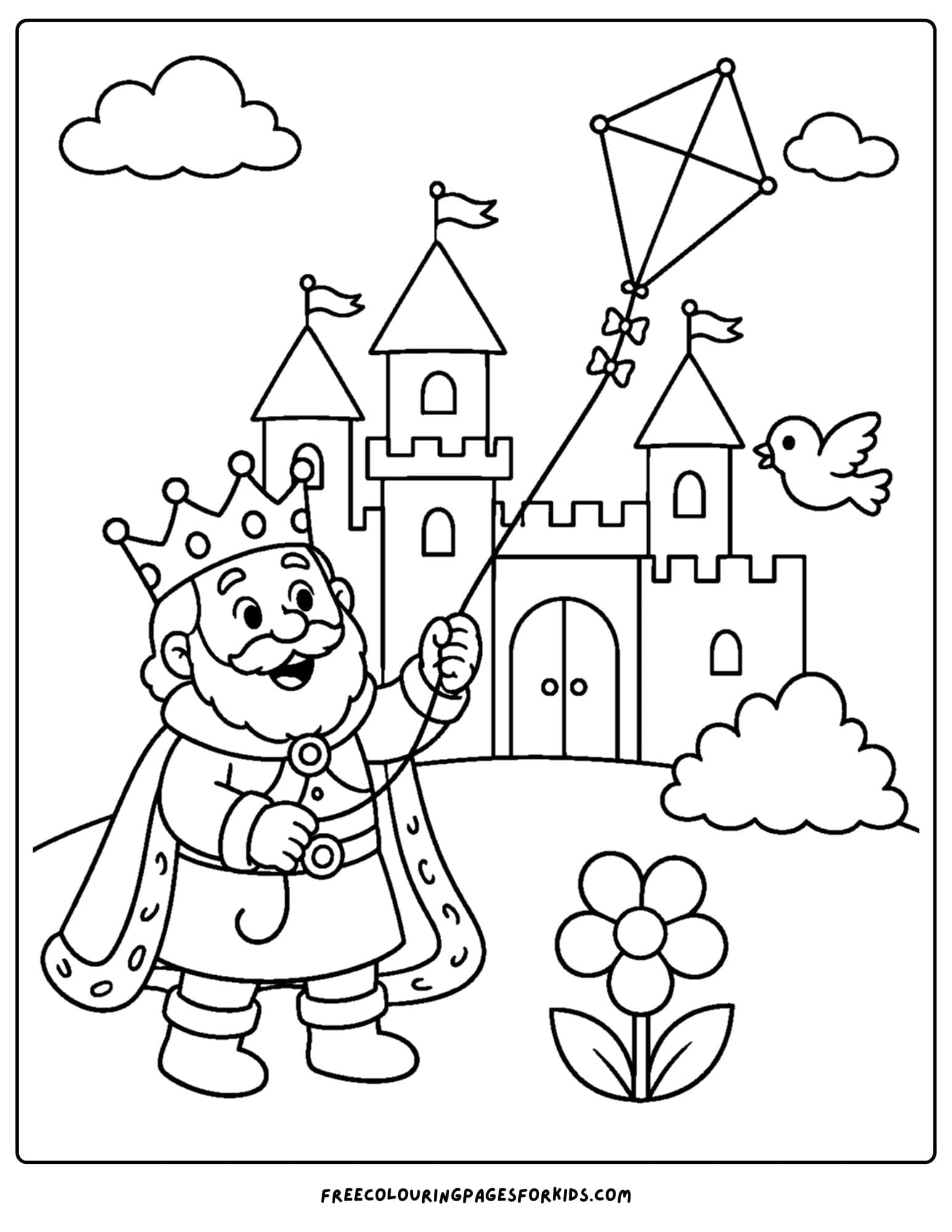 a coloring page of a king flying a kite in the royal gardens