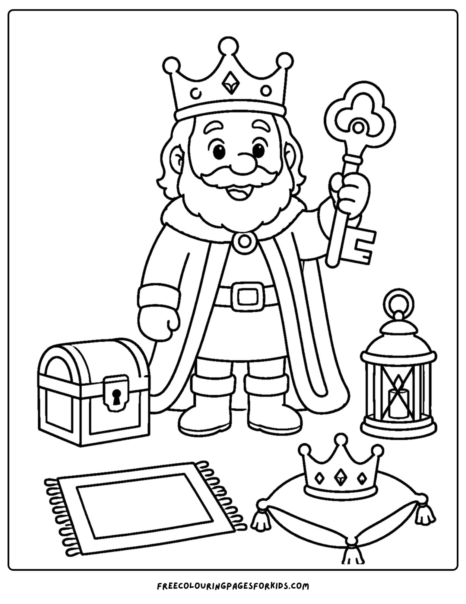 a coloring page of a king holding the key to a castle