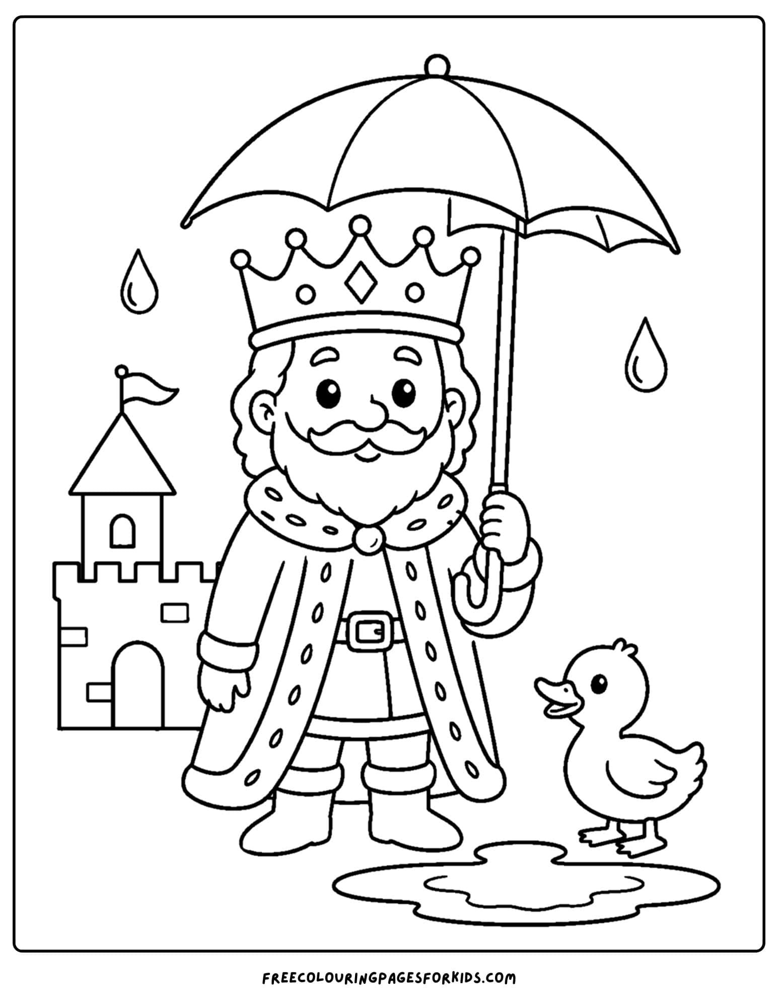 a coloring page of a king going for a walk in the rain holding an umbrella
