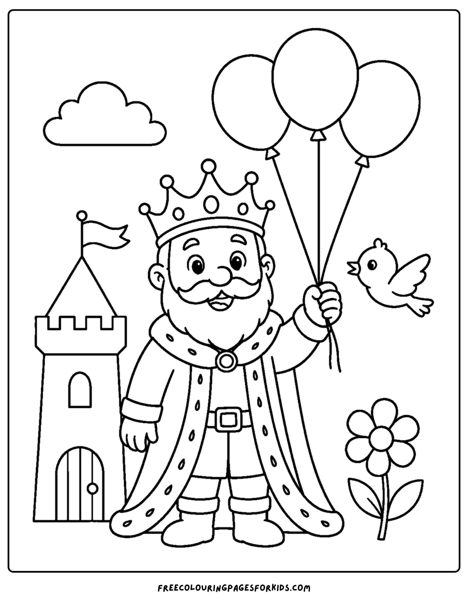 a coloring page of a king holding balloons