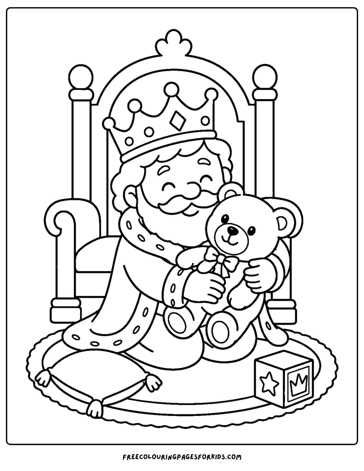a coloring page of a king hugging a teddy bear