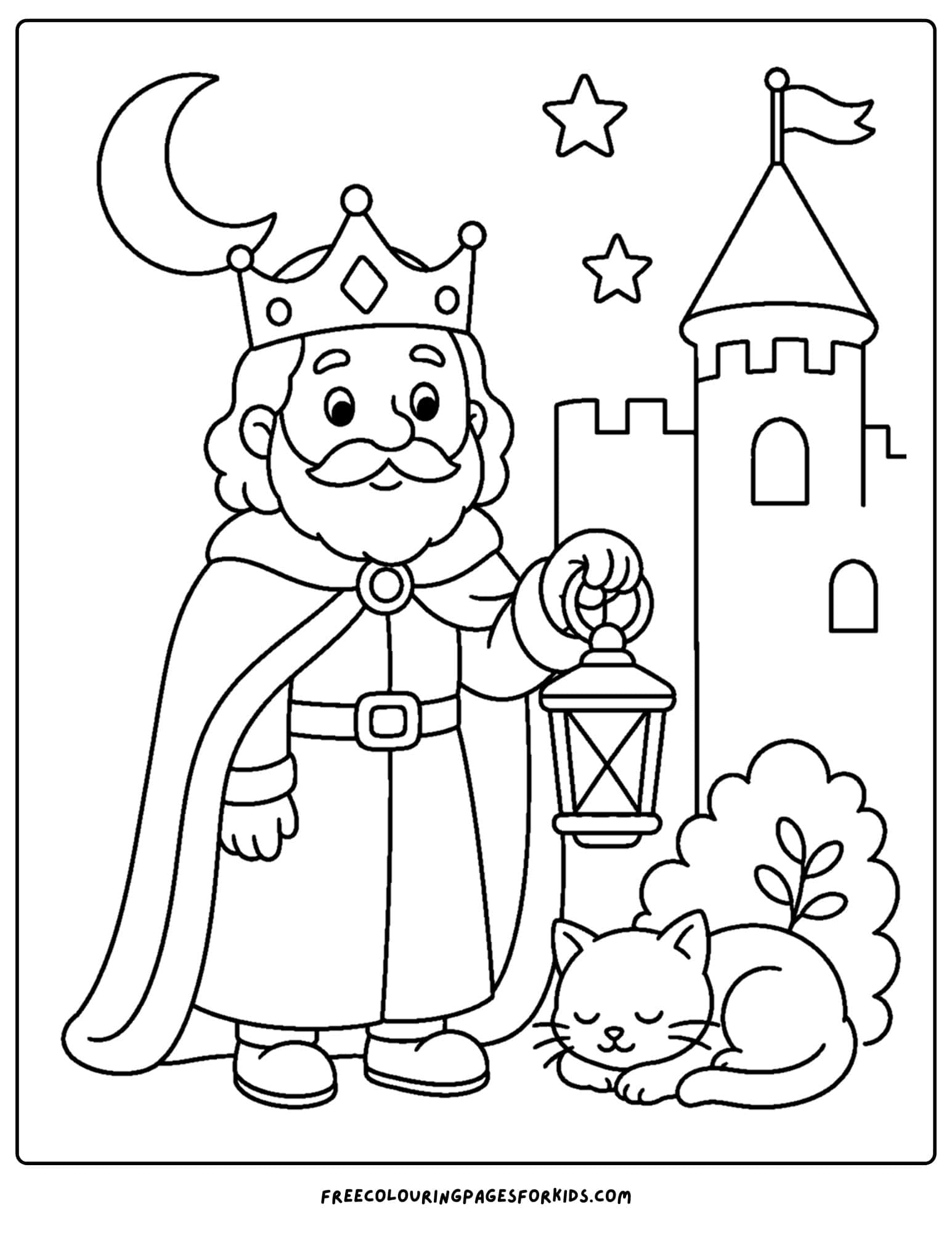 a coloring page of a king walking around the castle at night holding a lantern