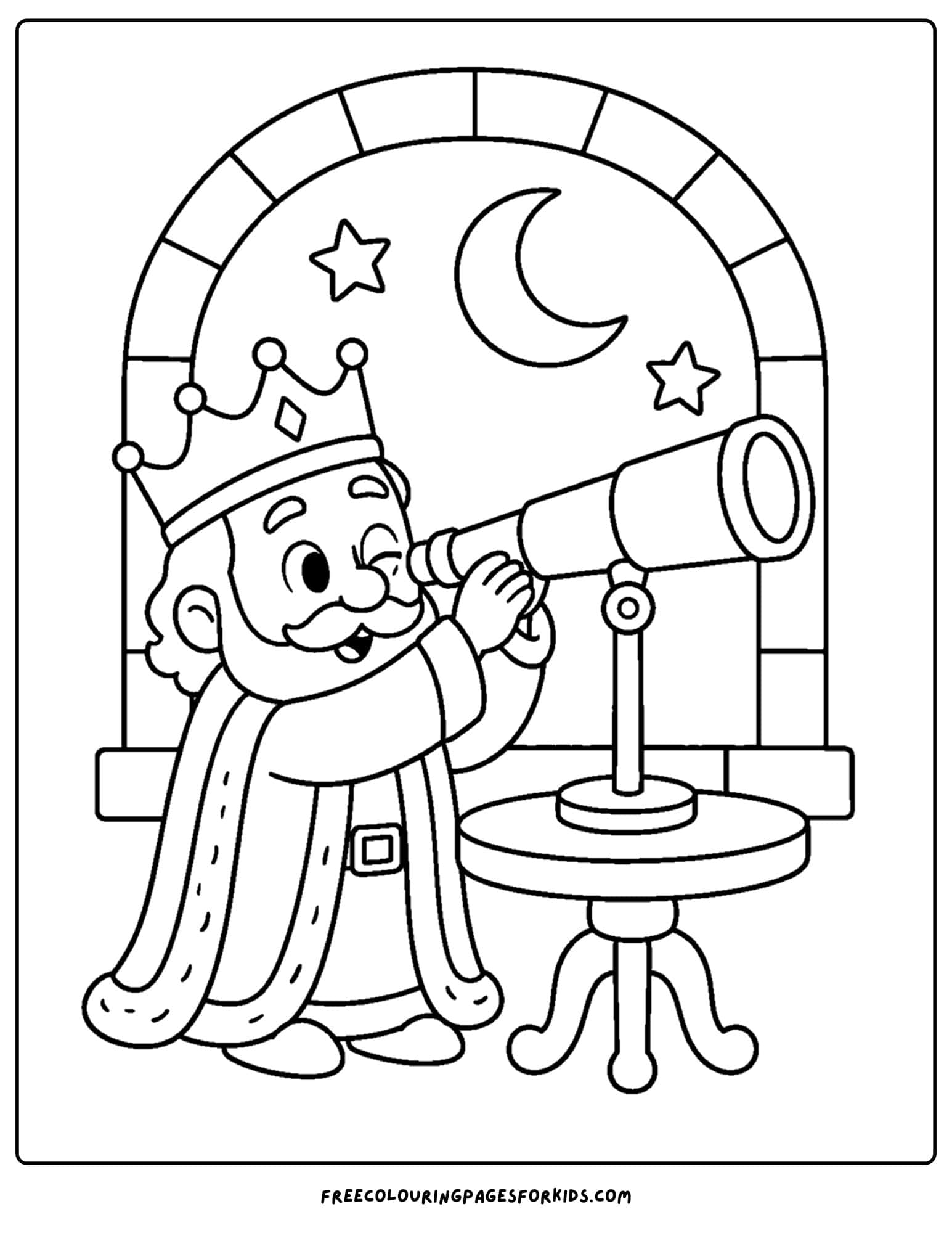 a coloring page of a king looking through a telescope
