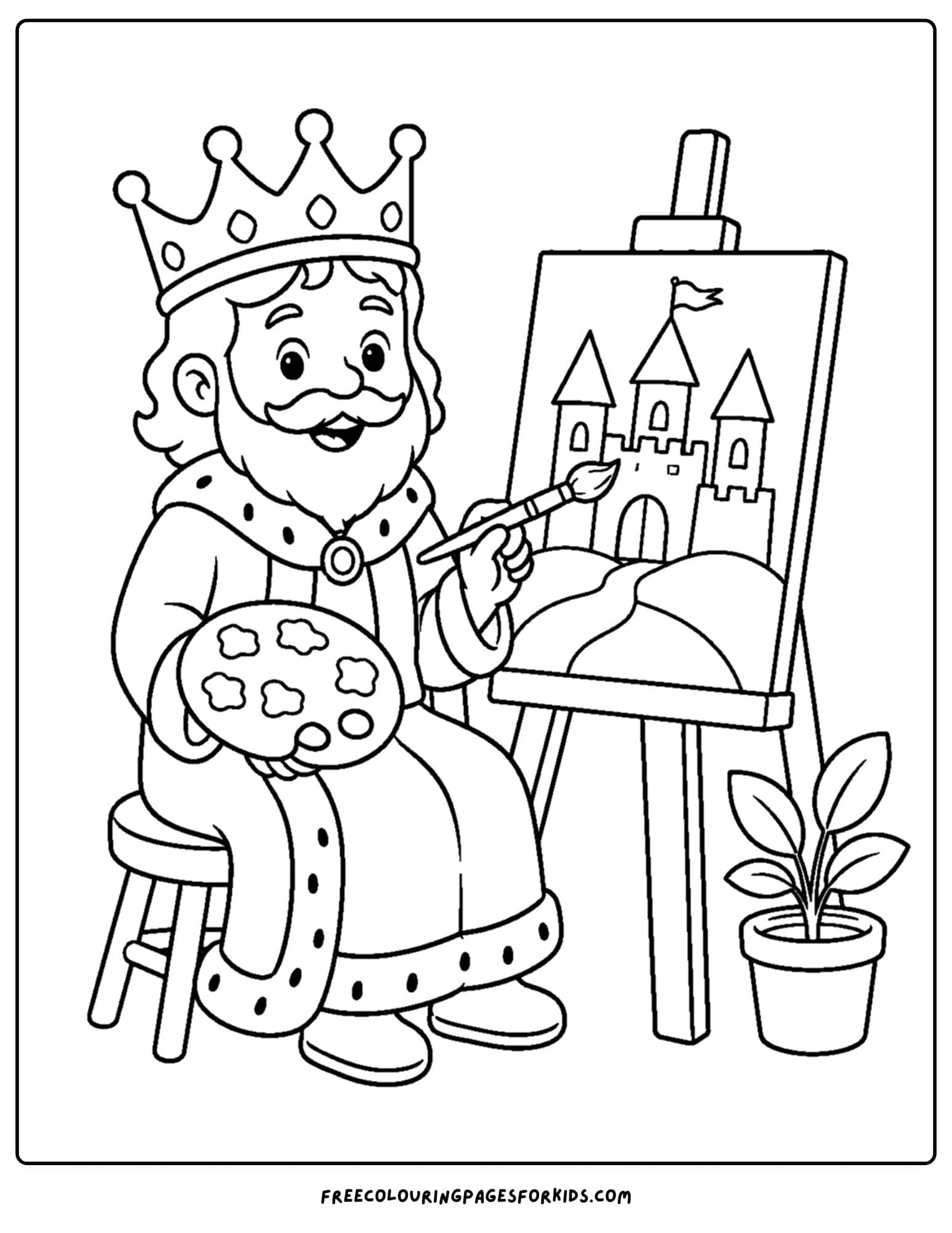 a coloring page of a king making a painting of a castle